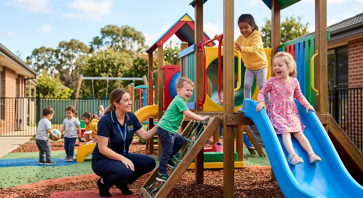 Children playing on outdoor playground equipment