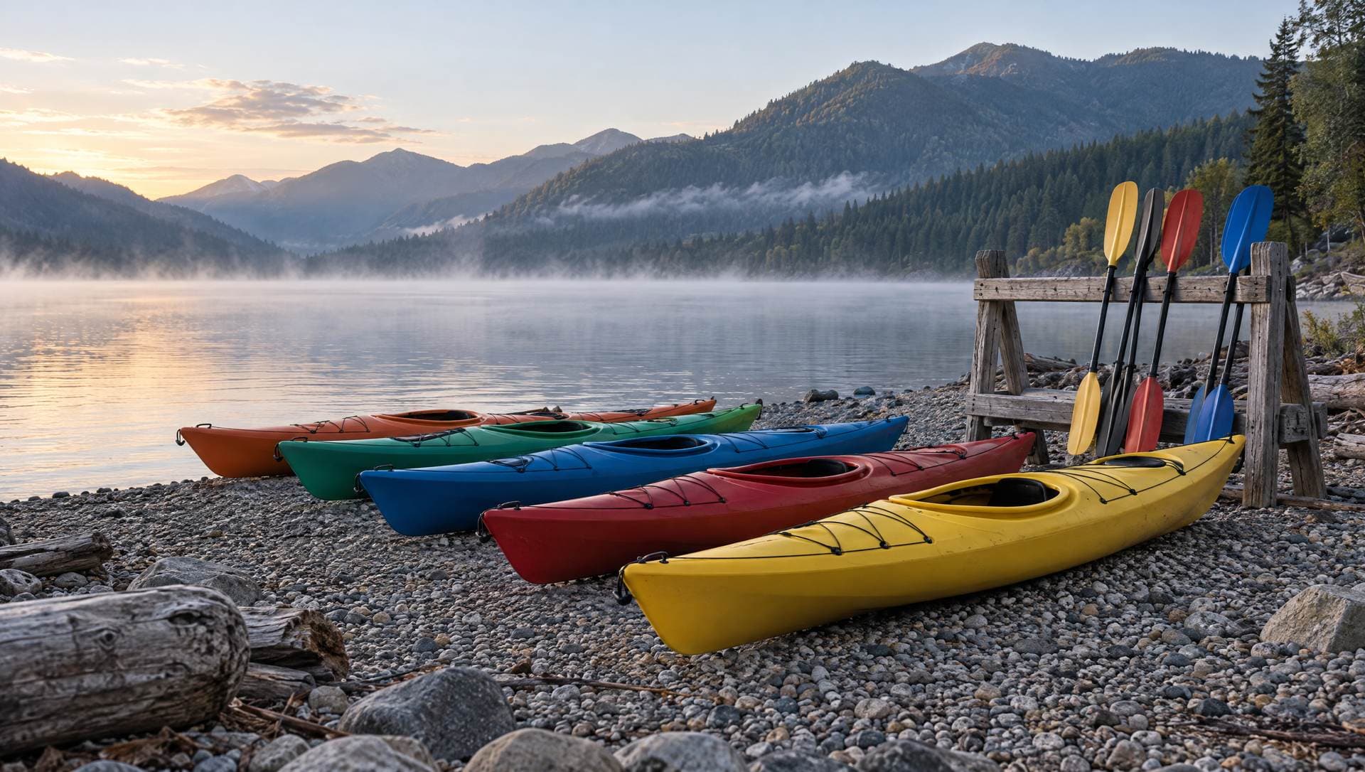 Rental kayaks lined up on a cobble beach of Kootenay Lake's West Arm at dawn, paddles on a cedar rack and mist on the water