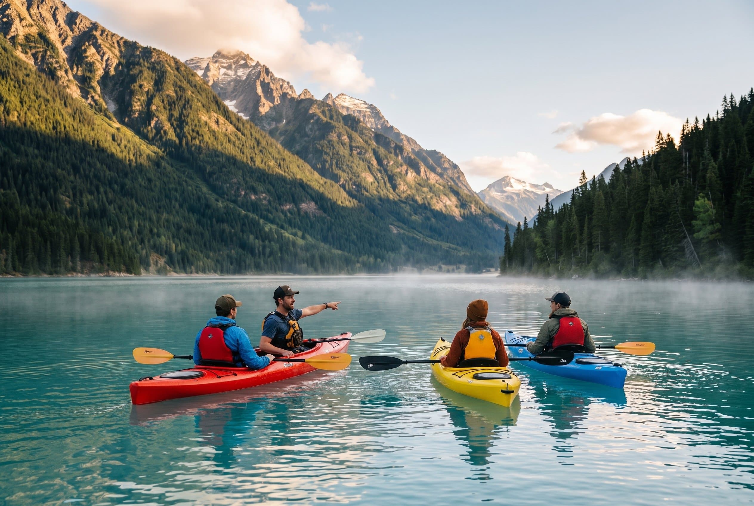 A guided kayak group paddling a calm mountain lake in the soft light of early morning