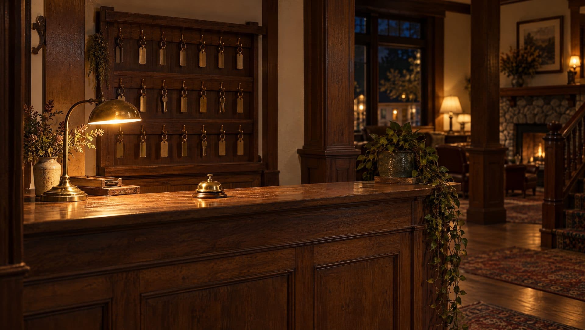 The front desk of a small heritage inn after hours, a brass service bell, a lit lamp and room keys on hooks