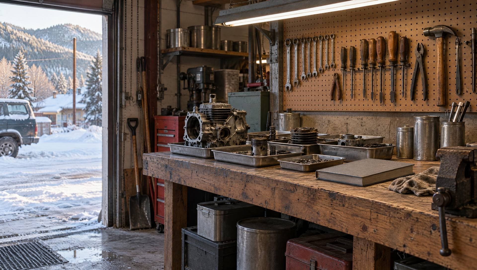 A small-engine repair bench in a Trail garage with parts sorted into steel trays, tools on a pegboard and snow past the open bay door