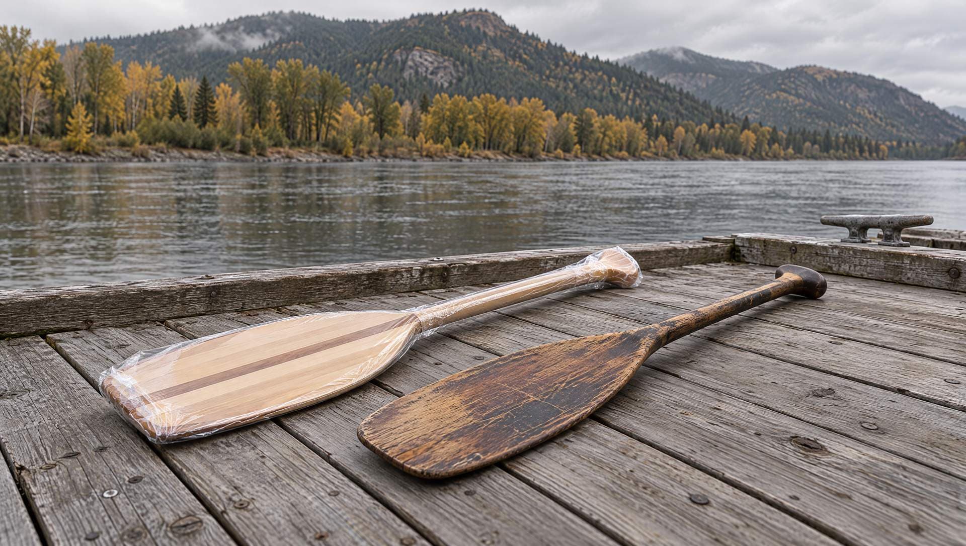A new canoe paddle still in its wrap beside a well-worn paddle on a dock over the Columbia River