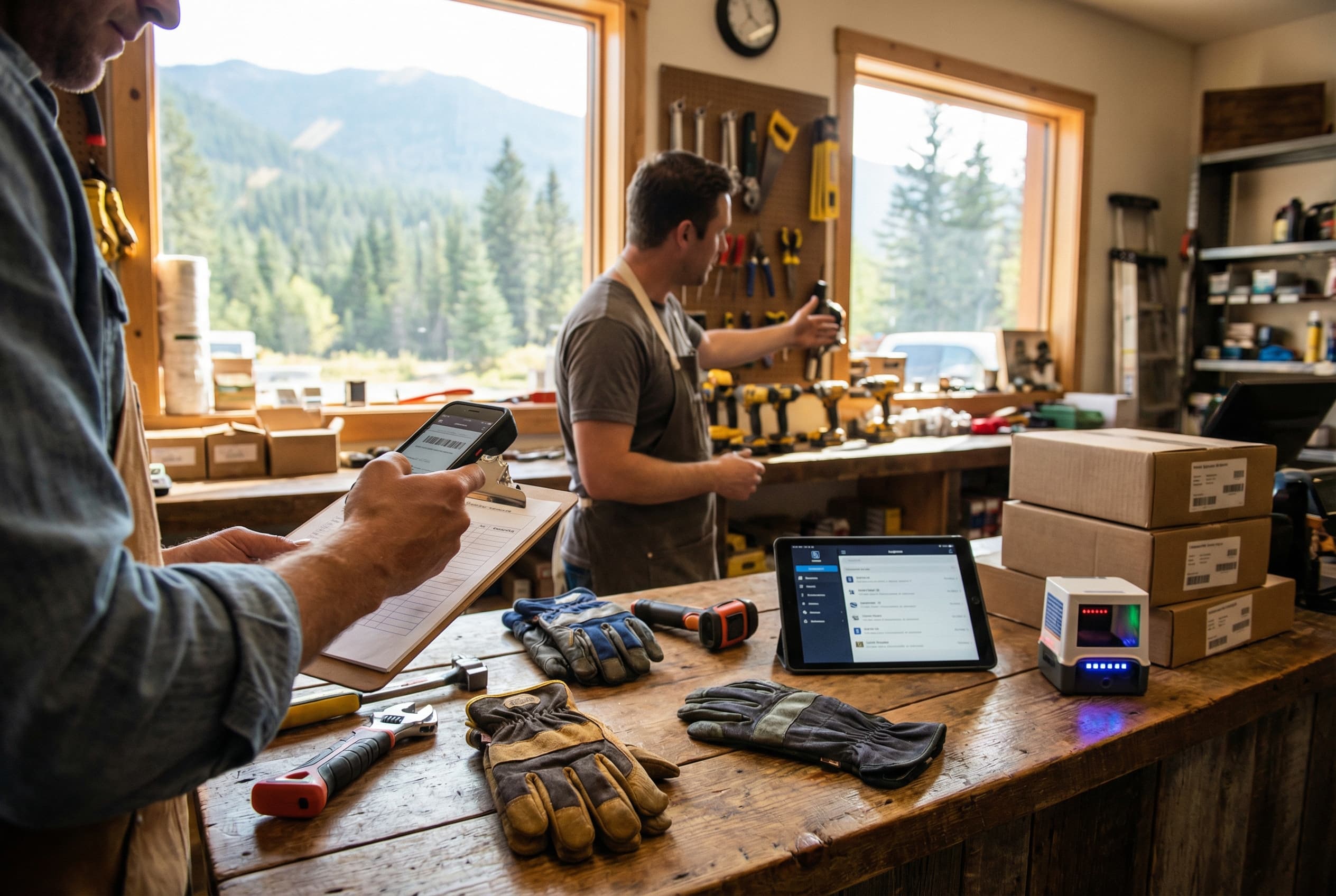 A small-business owner using a short stack of AI tools for writing, visuals, local updates, and app handoffs