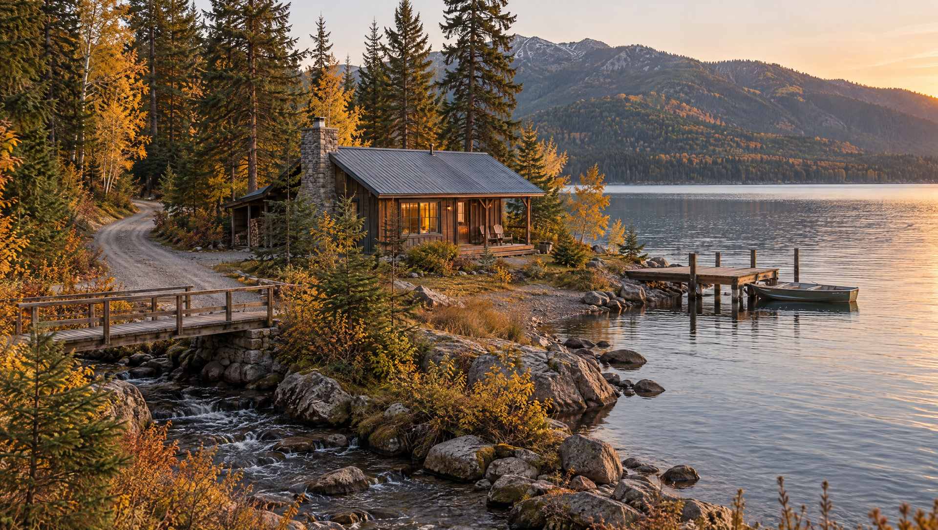 A lakeside cabin on Kootenay Lake reached three ways: a gravel road, a small dock and a footbridge over a creek
