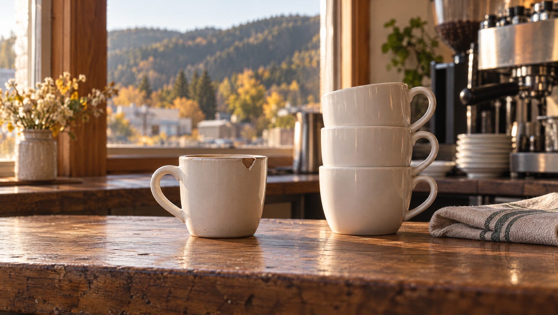 A coffee cup with a chipped rim set apart on a cafe counter beside a neat stack of good cups