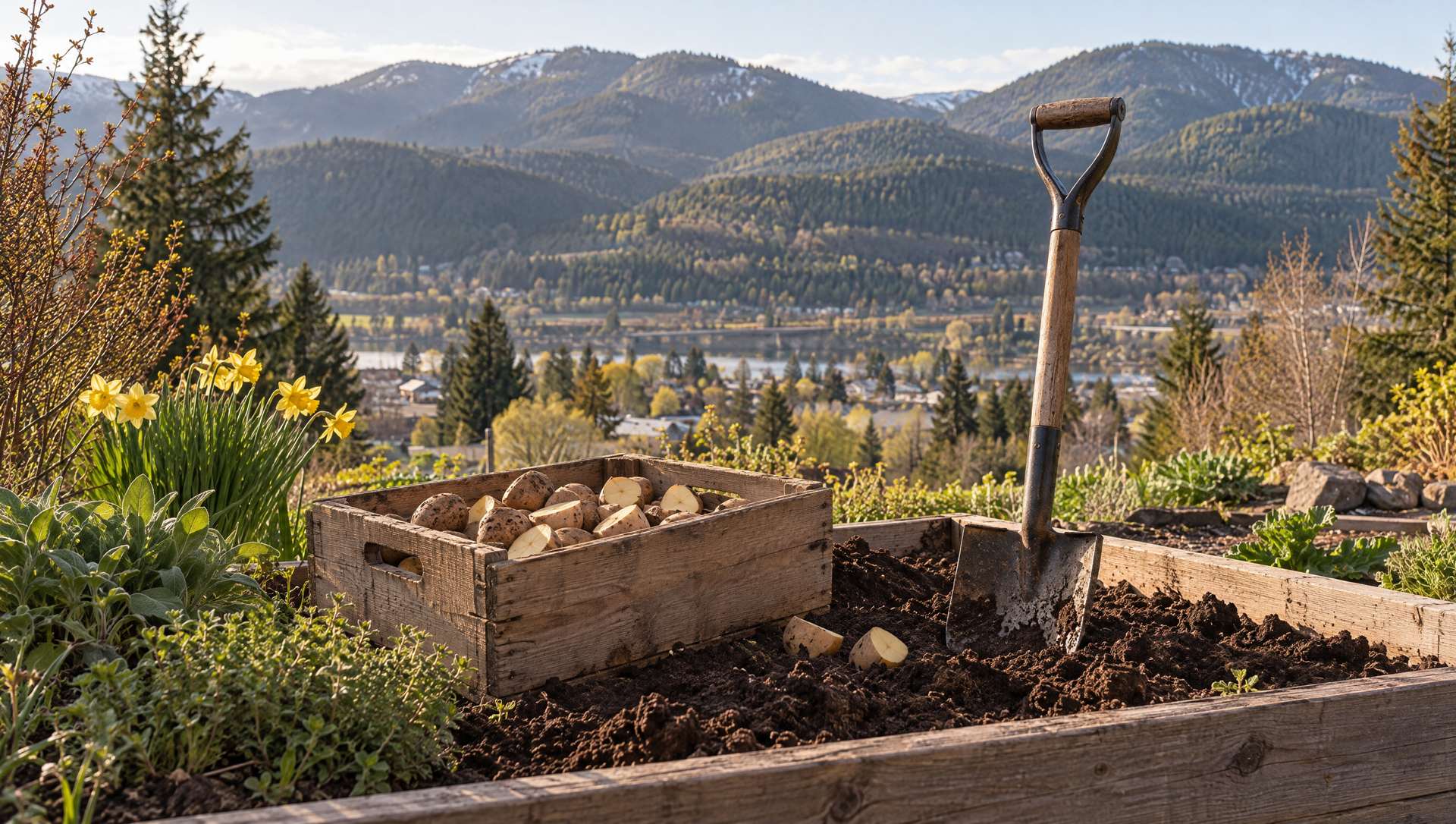 A spring garden bed being planted on a Castlegar bench, a crate of seed potatoes and a spade in dark soil