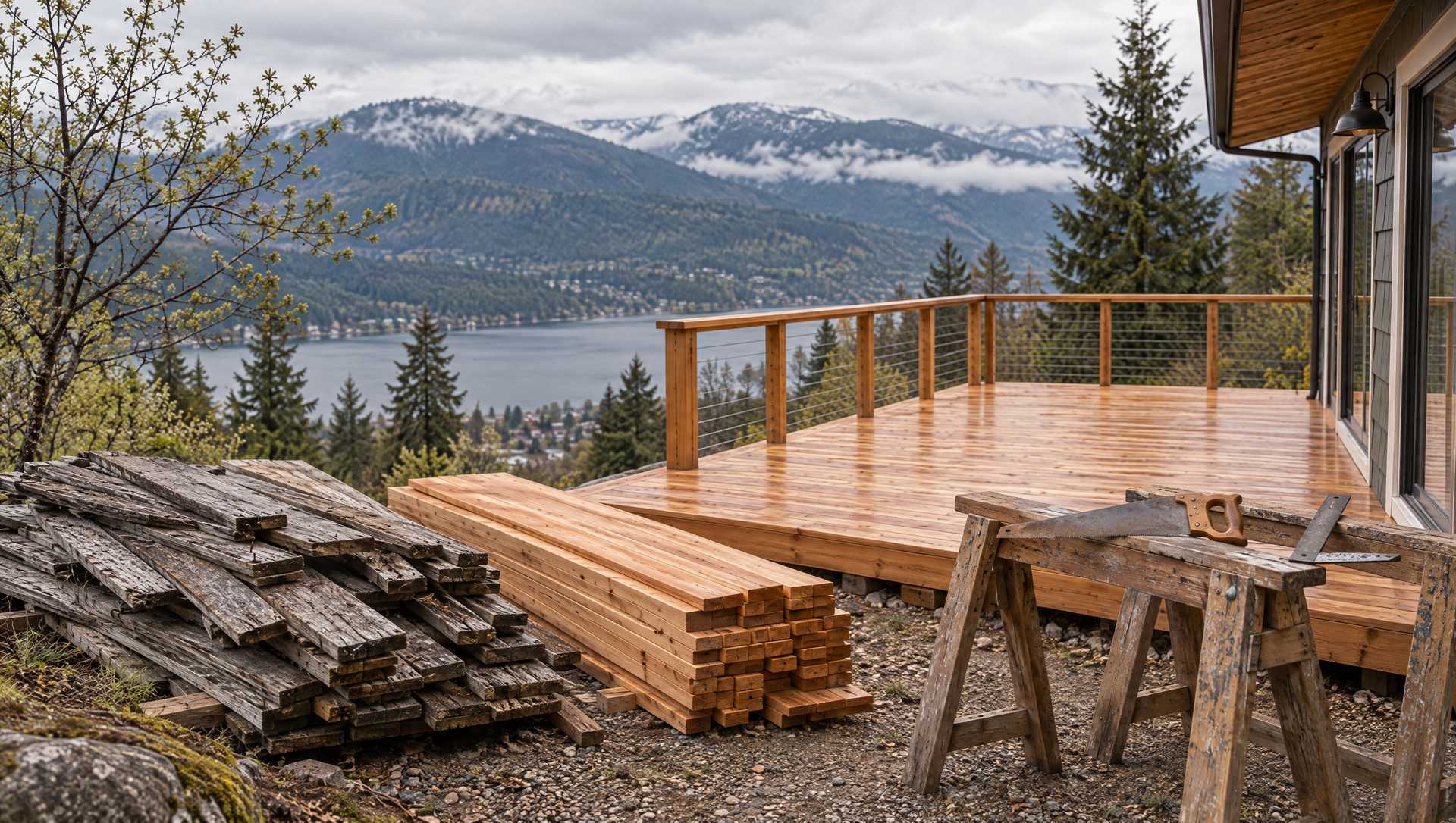 A freshly built cedar deck above Kootenay Lake, the old grey boards stacked beside the new ones and a handsaw on sawhorses