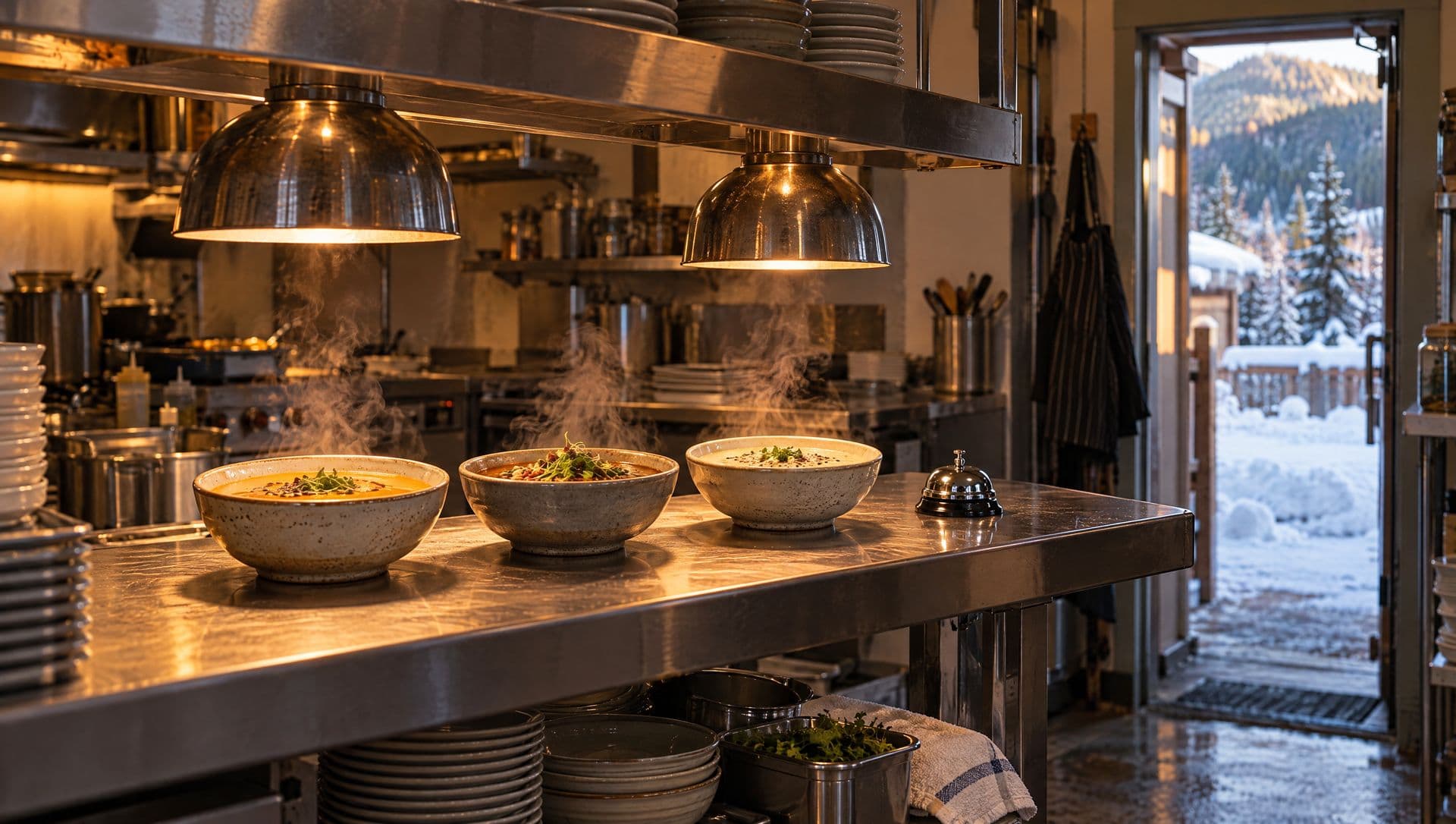 Three bowls of soup steaming under heat lamps on a cafe kitchen pass, snow outside the back door