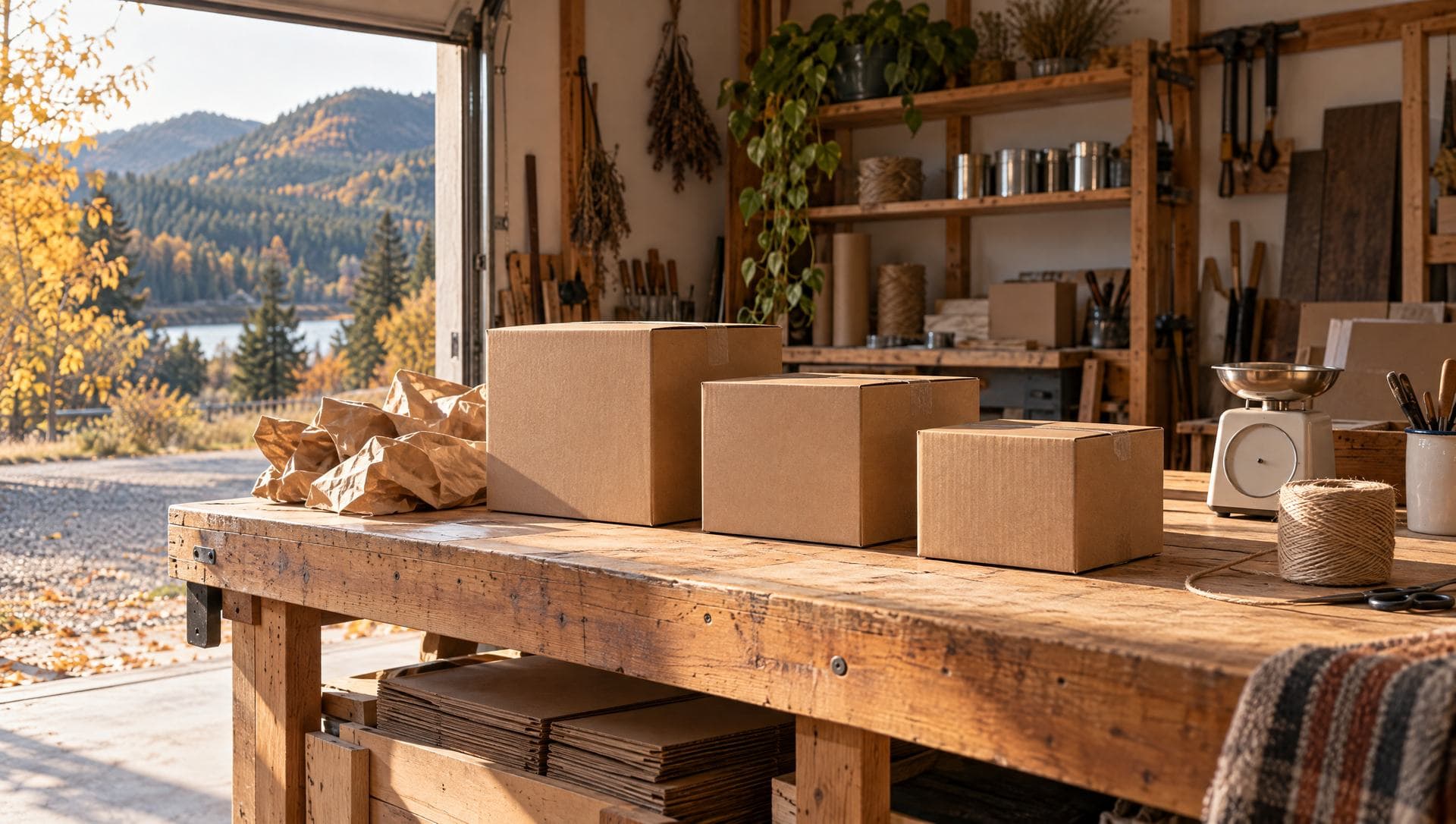 A maker's shipping bench with plain kraft boxes in three sizes, packing paper, twine and a small scale