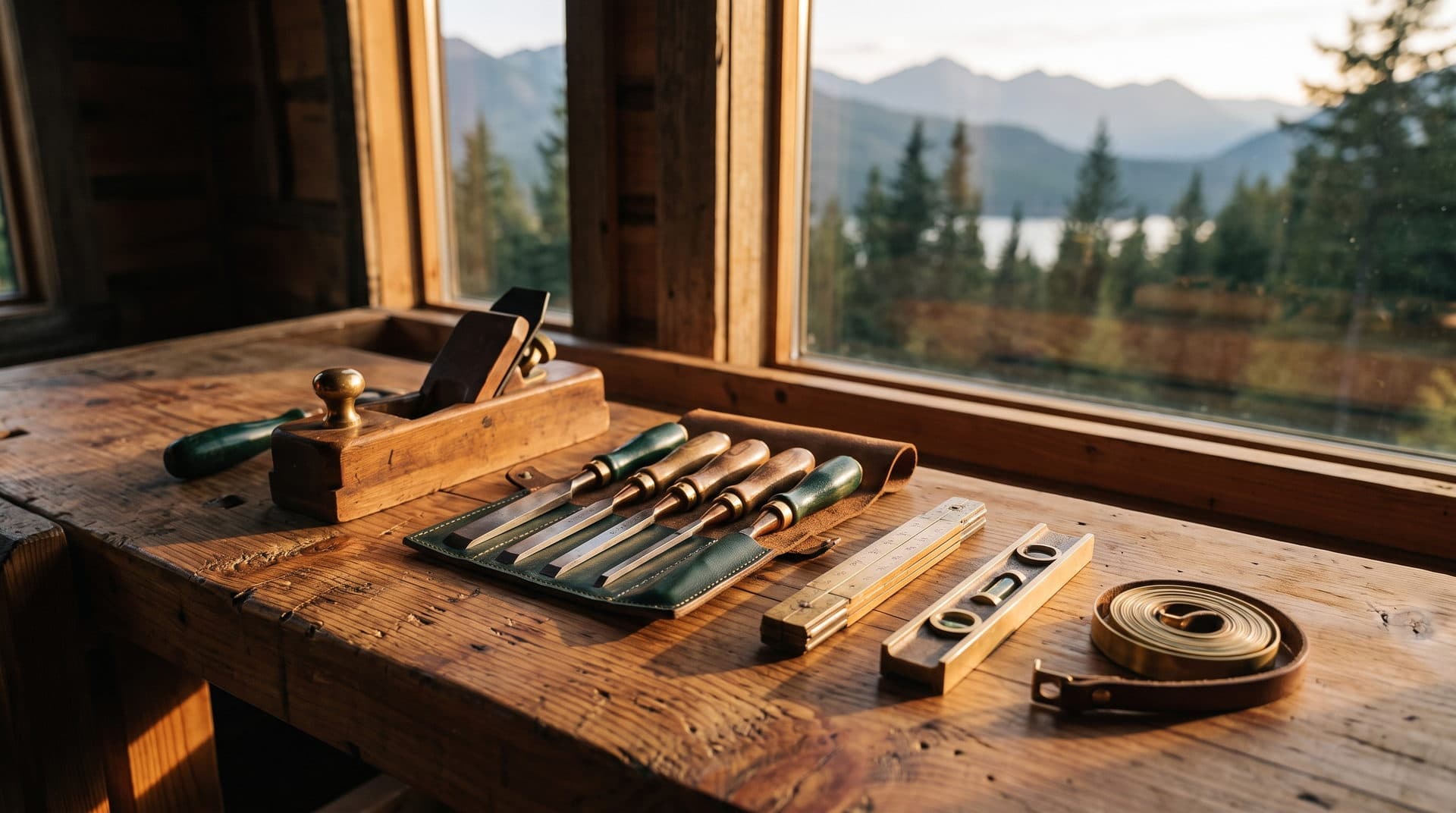 Five different hand tools laid out in a row on a cedar workbench beside a Kootenay cabin window, one tool for each kind of job