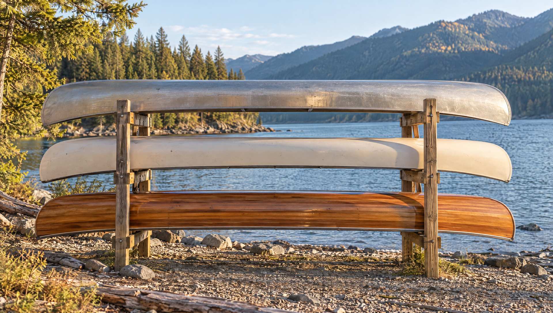 Three canoes of different builds, aluminum, fibreglass and cedar strip, on a rack by Kootenay Lake