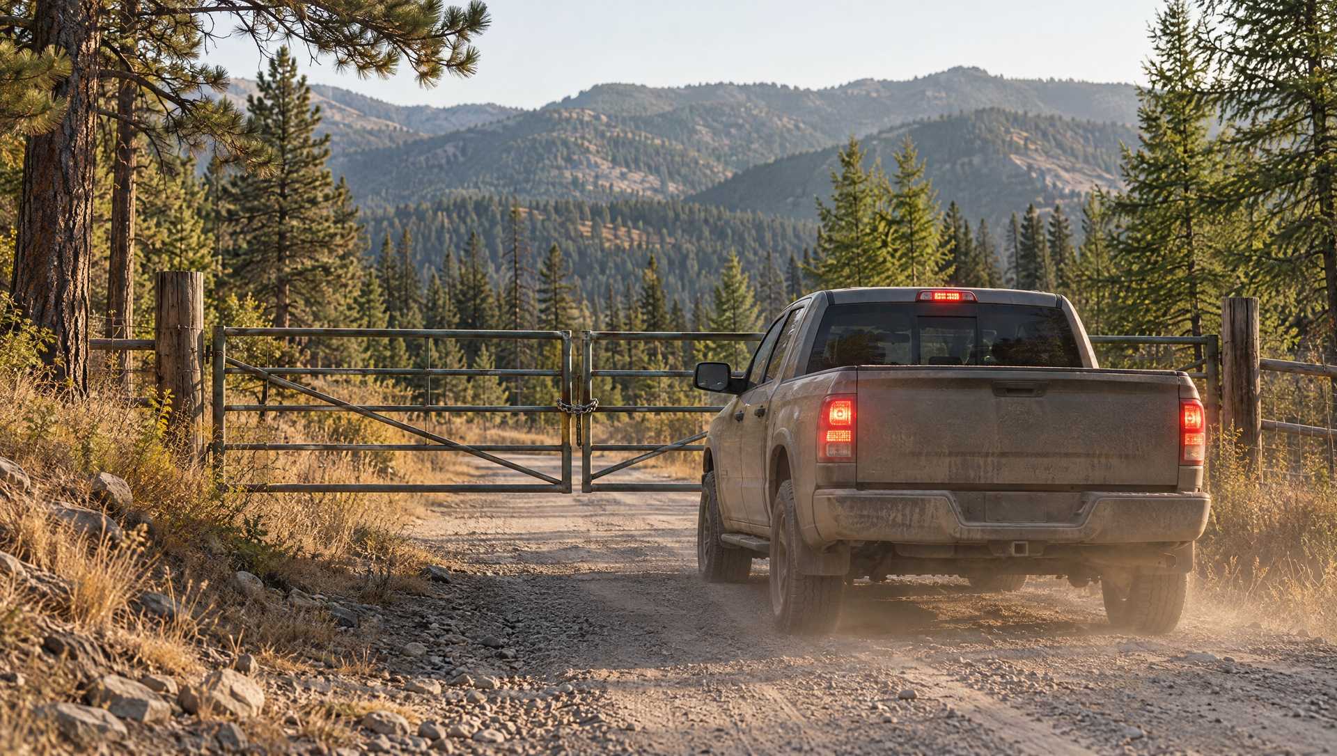 A dusty pickup stopped with its brake lights on at a chained farm gate on a gravel road through pine and larch near Rossland
