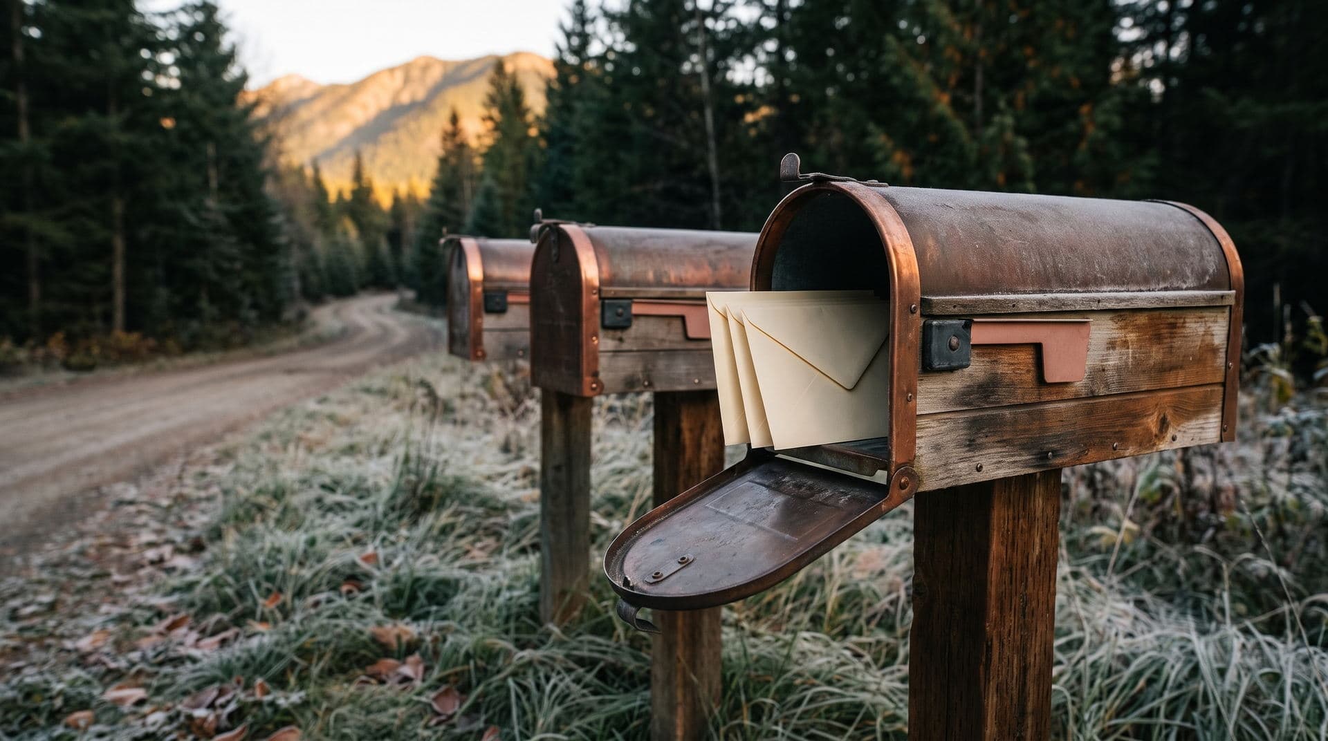 Three rural mailboxes on cedar posts along a frosty Kootenay back road at sunrise, the nearest one open with plain cream envelopes inside