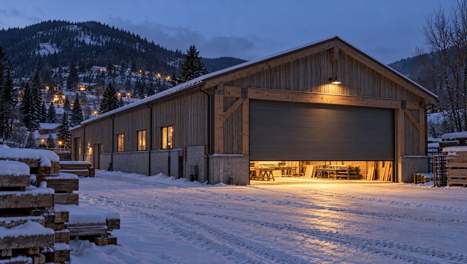 A large timber-frame workshop at blue hour with its bay door open only a crack, warm light spilling onto the snow