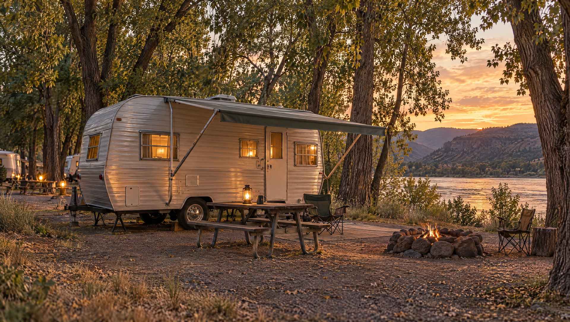 A vintage travel trailer with its awning out and a fire pit under cottonwoods by the Columbia River at dusk