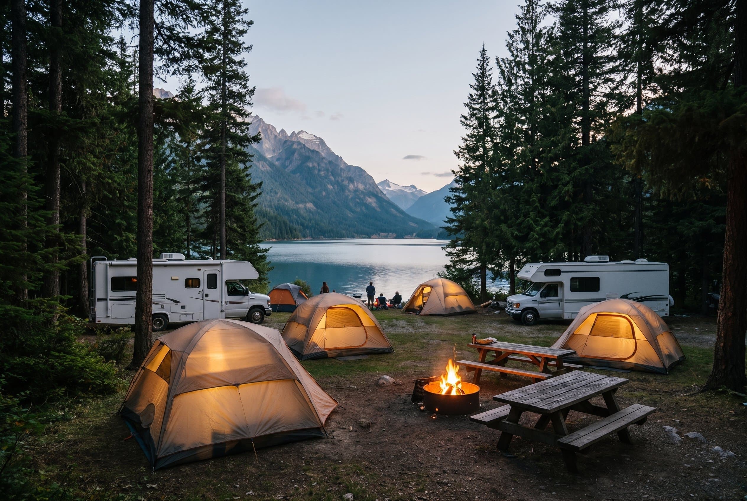 A lakeside Kootenay campground at dusk with tents and RVs settled among the evergreens