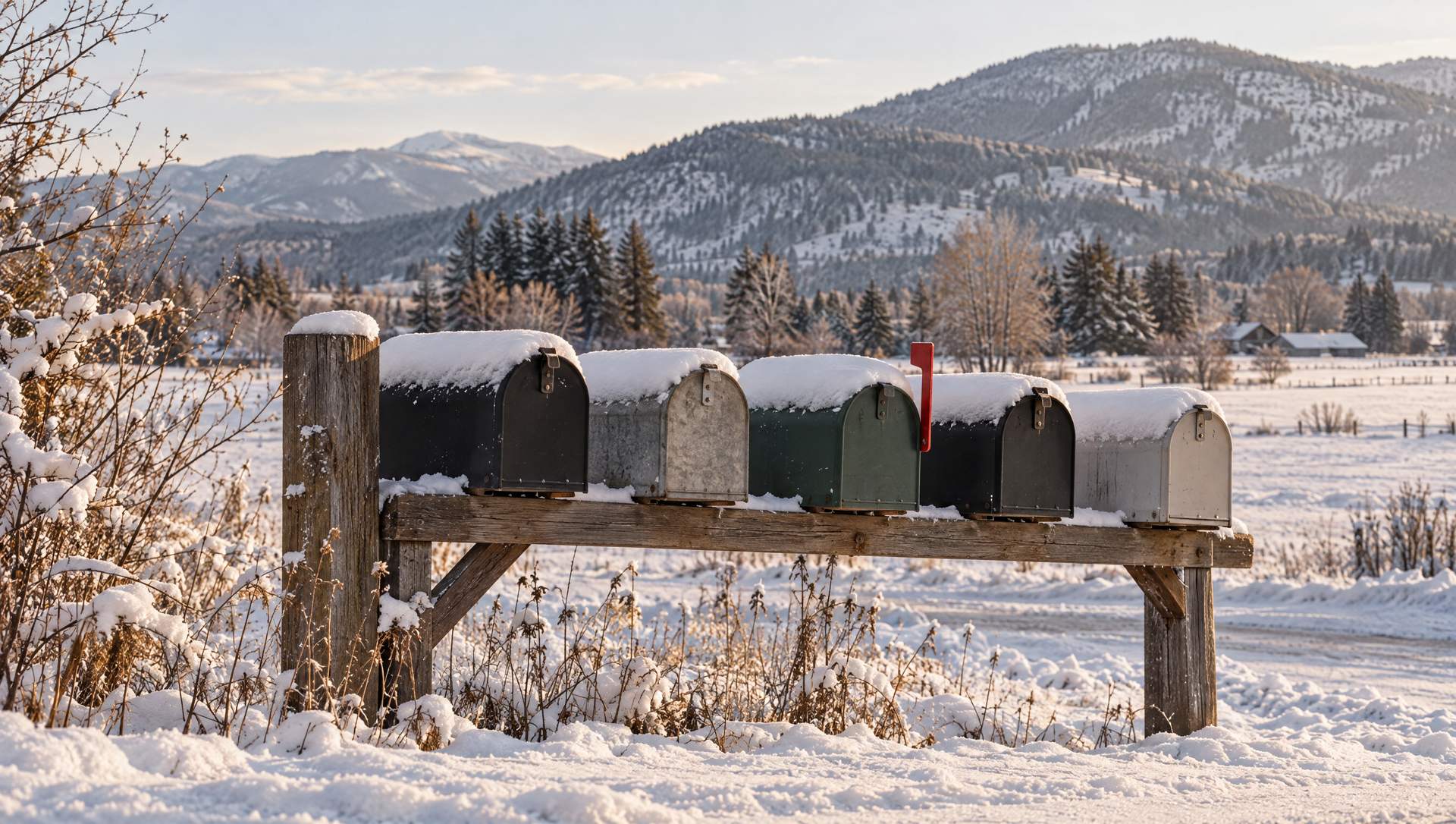 A row of rural mailboxes capped with fresh snow at the end of a driveway, one with its flag up