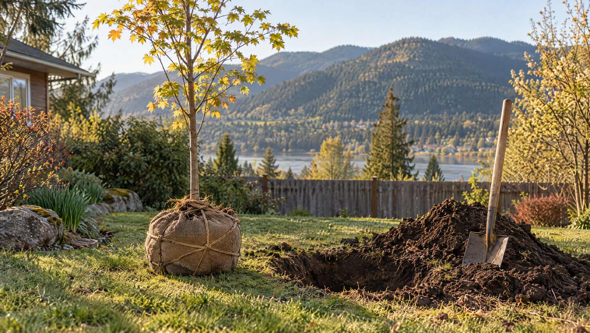 A young maple with its root ball wrapped in burlap, resting beside a freshly dug hole and a spade in a yard above a lake