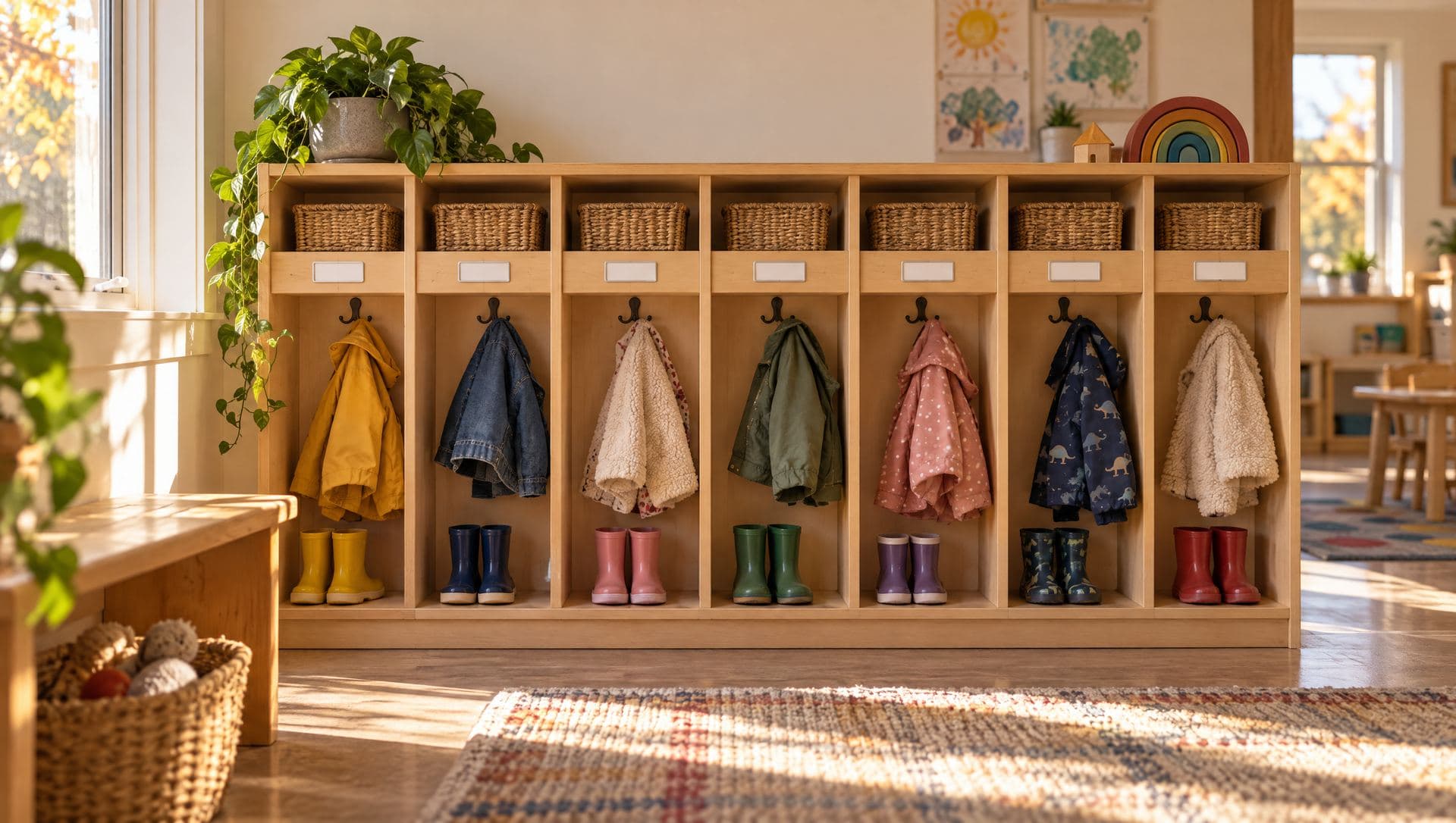 A daycare cubby wall with small coats on hooks and rain boots lined up below