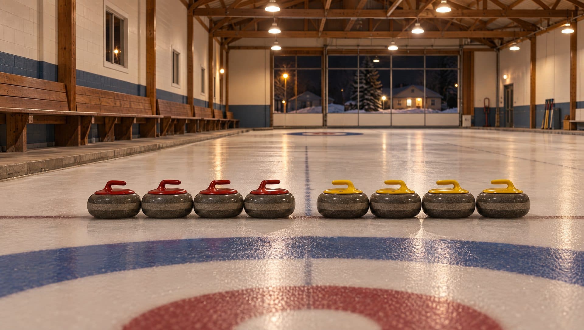Curling stones lined up at the hack on pebbled ice in a small-town rink, the bench seats empty