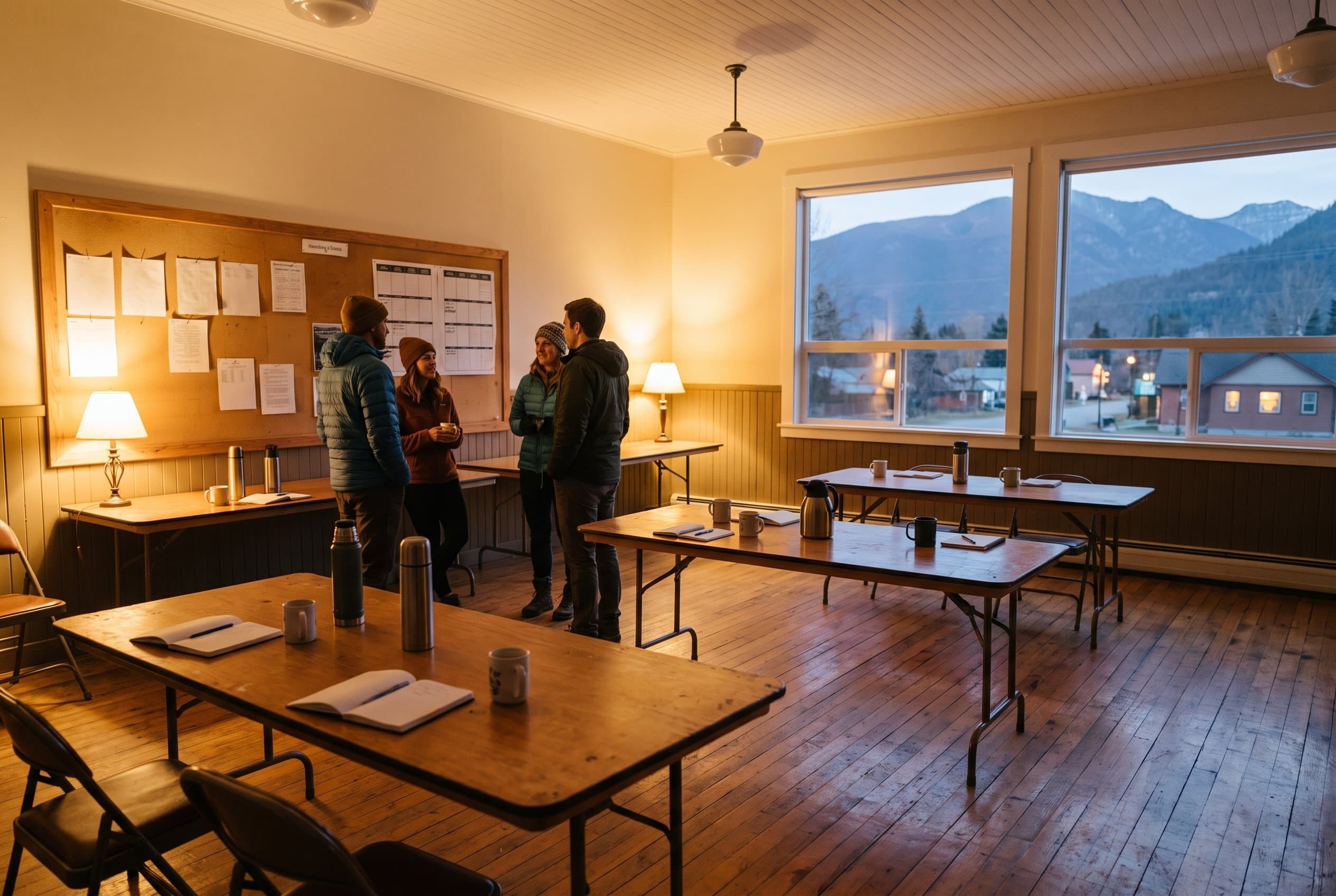 A warm community hall gathering with folding tables and coffee, the kind of club a good website helps a newcomer find and join