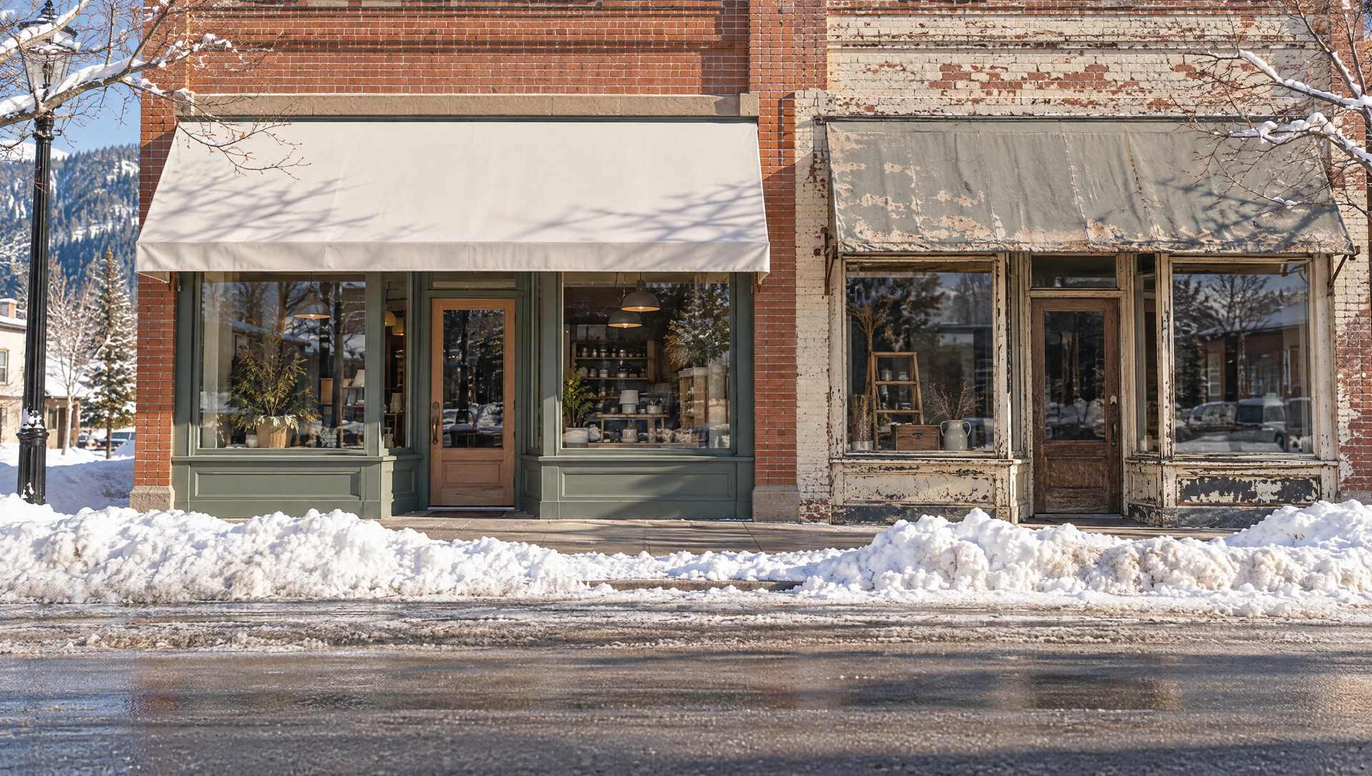 Two heritage brick storefronts side by side on a snowy main street, one freshly painted with a new awning and one faded