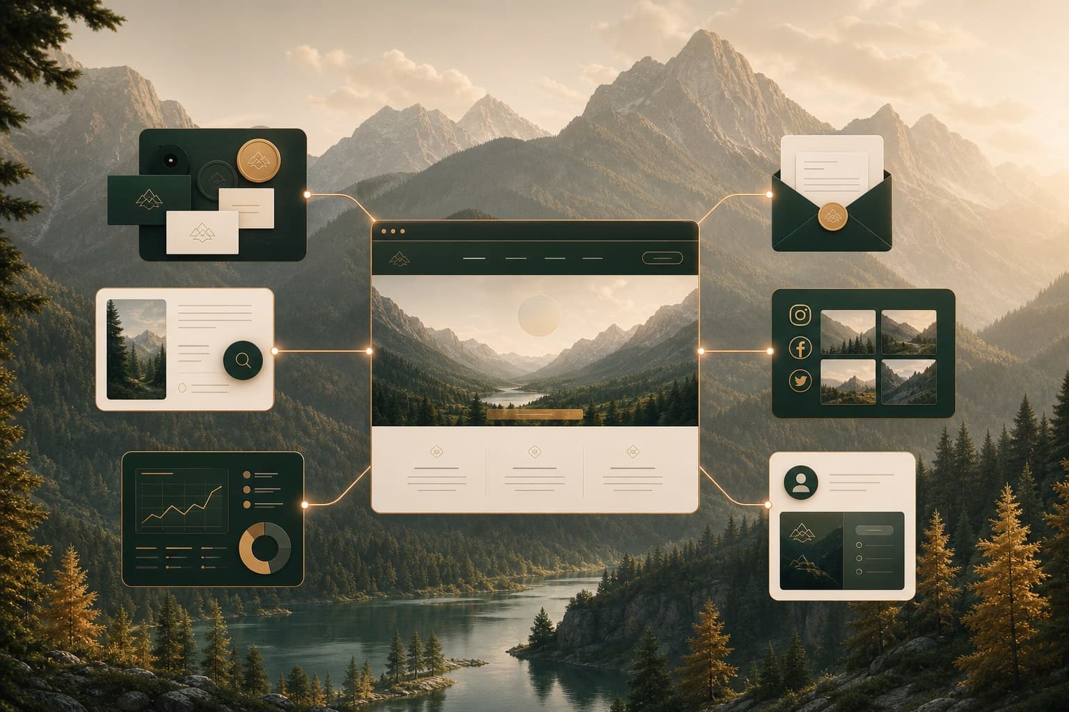 A small-business website as the home base, connected to search, brand, email, social proof, and analytics as a growth system