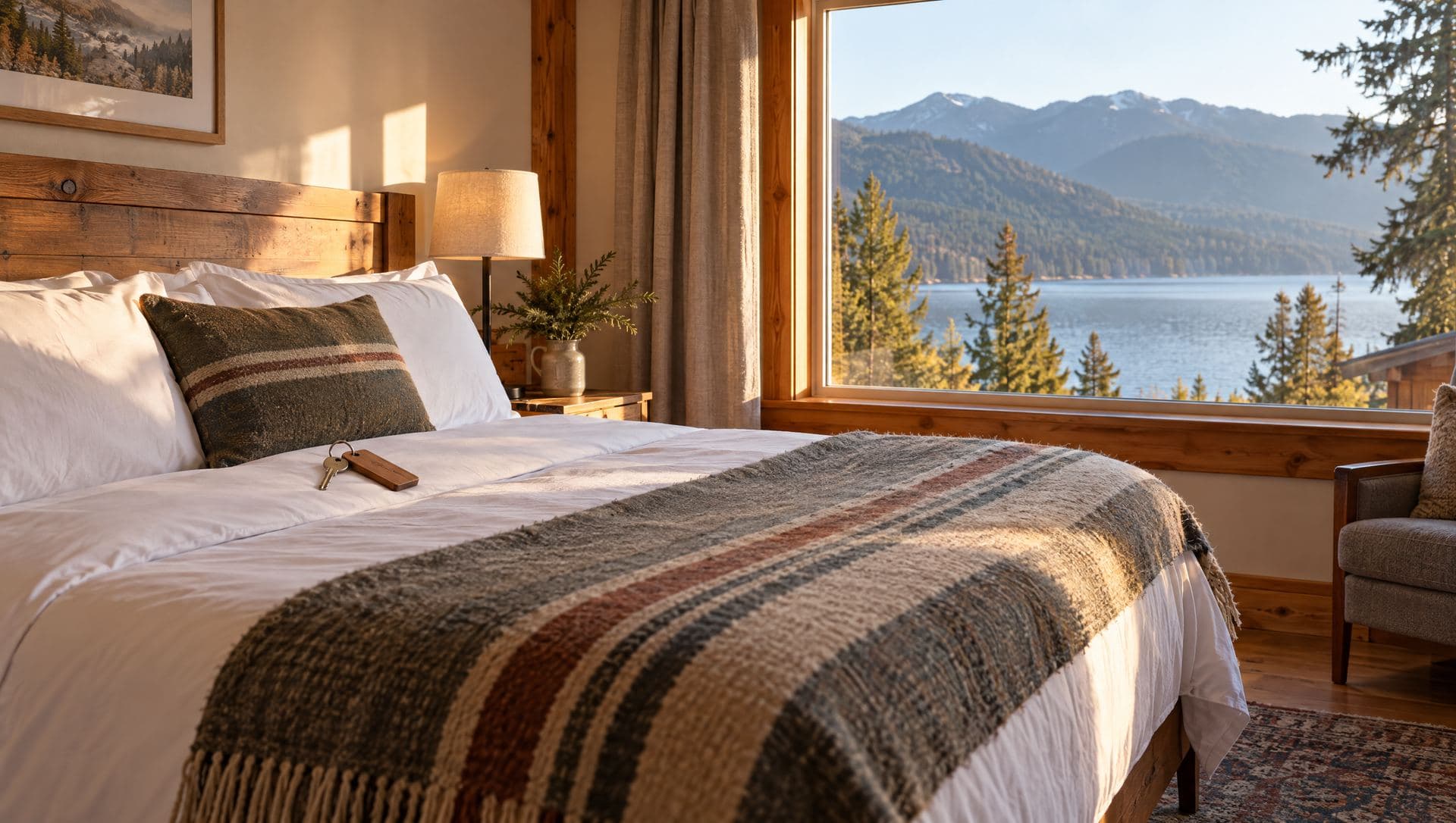 A lodge guest room made ready, a room key on the bed and a window looking out to Kootenay Lake