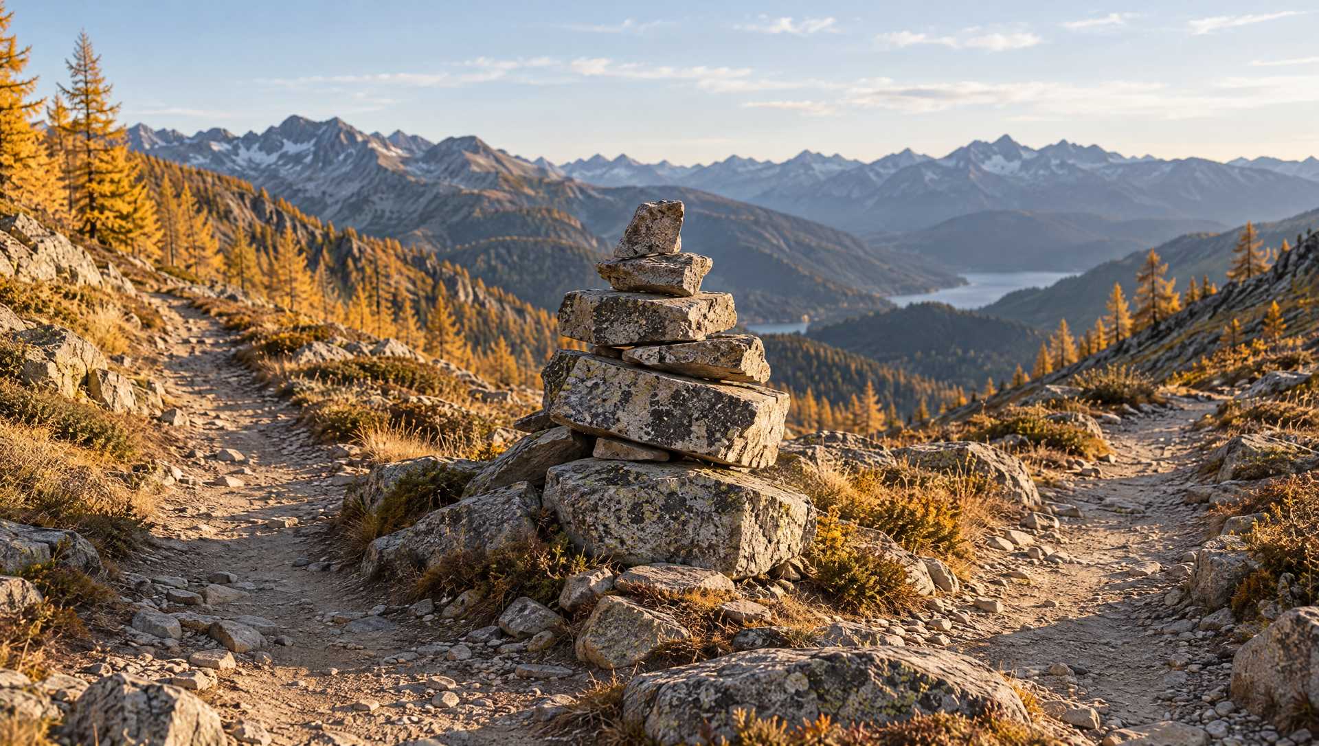 A stone cairn marking a fork in a high mountain trail, granite slabs and gold alpine larch behind it