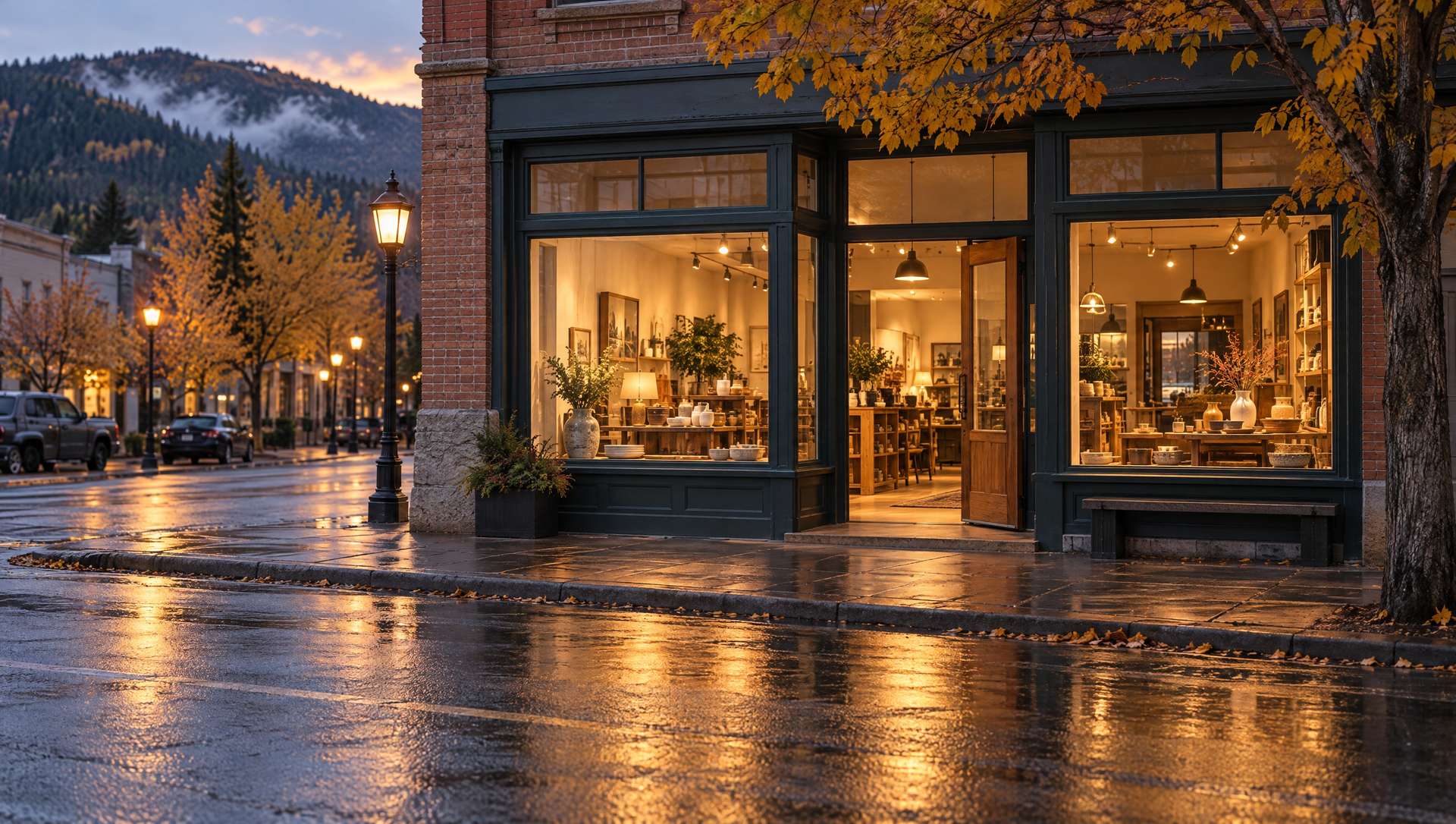 A lit shop window and propped-open door on a heritage brick street at blue hour, rain reflecting on the pavement