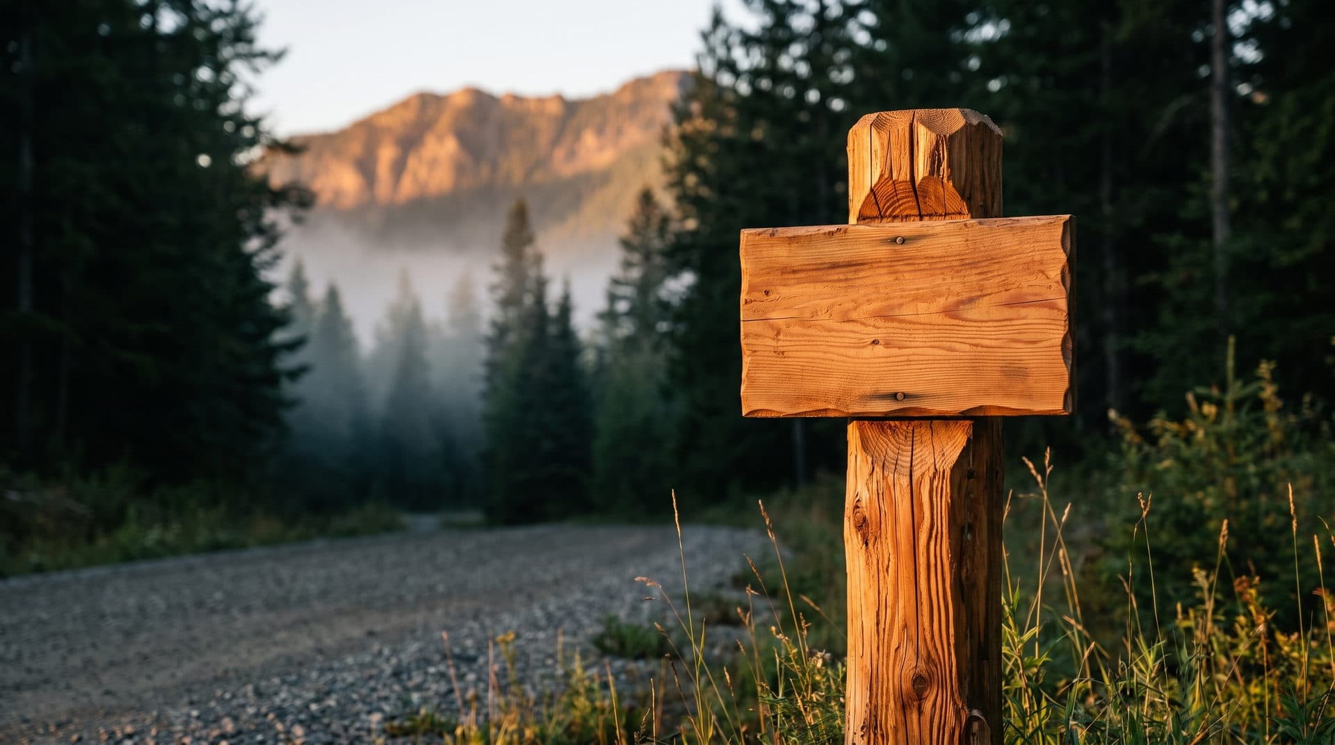 A hand carved cedar signpost with a blank unpainted plate at the head of a gravel driveway in the Kootenay mountains at sunrise