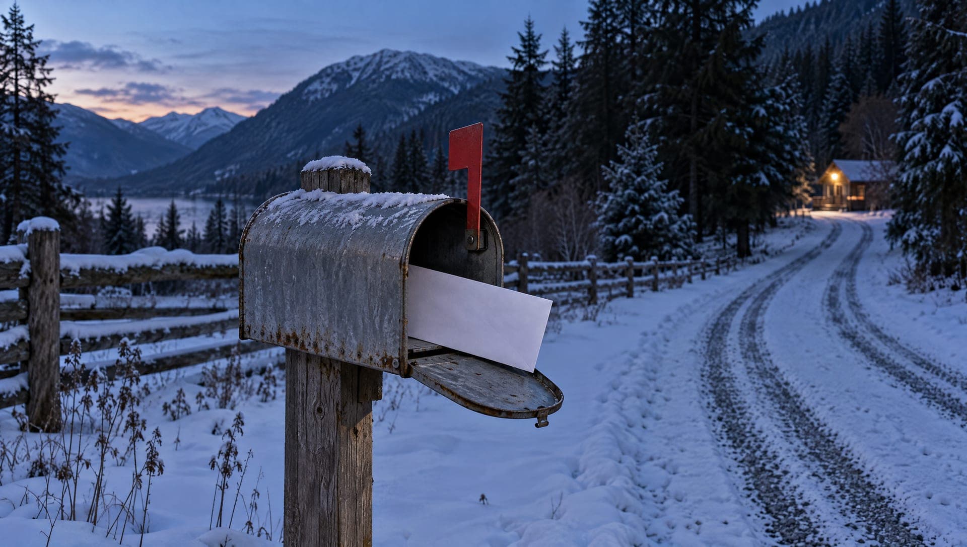A rural mailbox with its flag up at the end of a snowy gravel driveway at dusk in the Slocan Valley