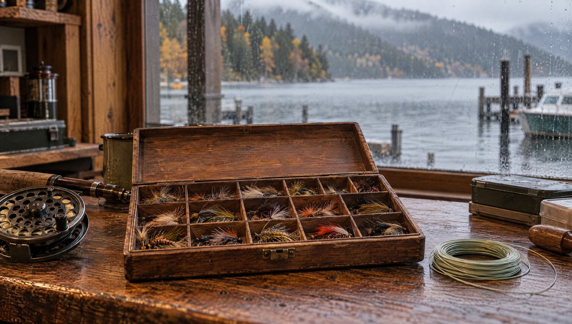 Fishing flies sorted in an open wooden compartment box on a tackle shop counter by the lake, rain outside