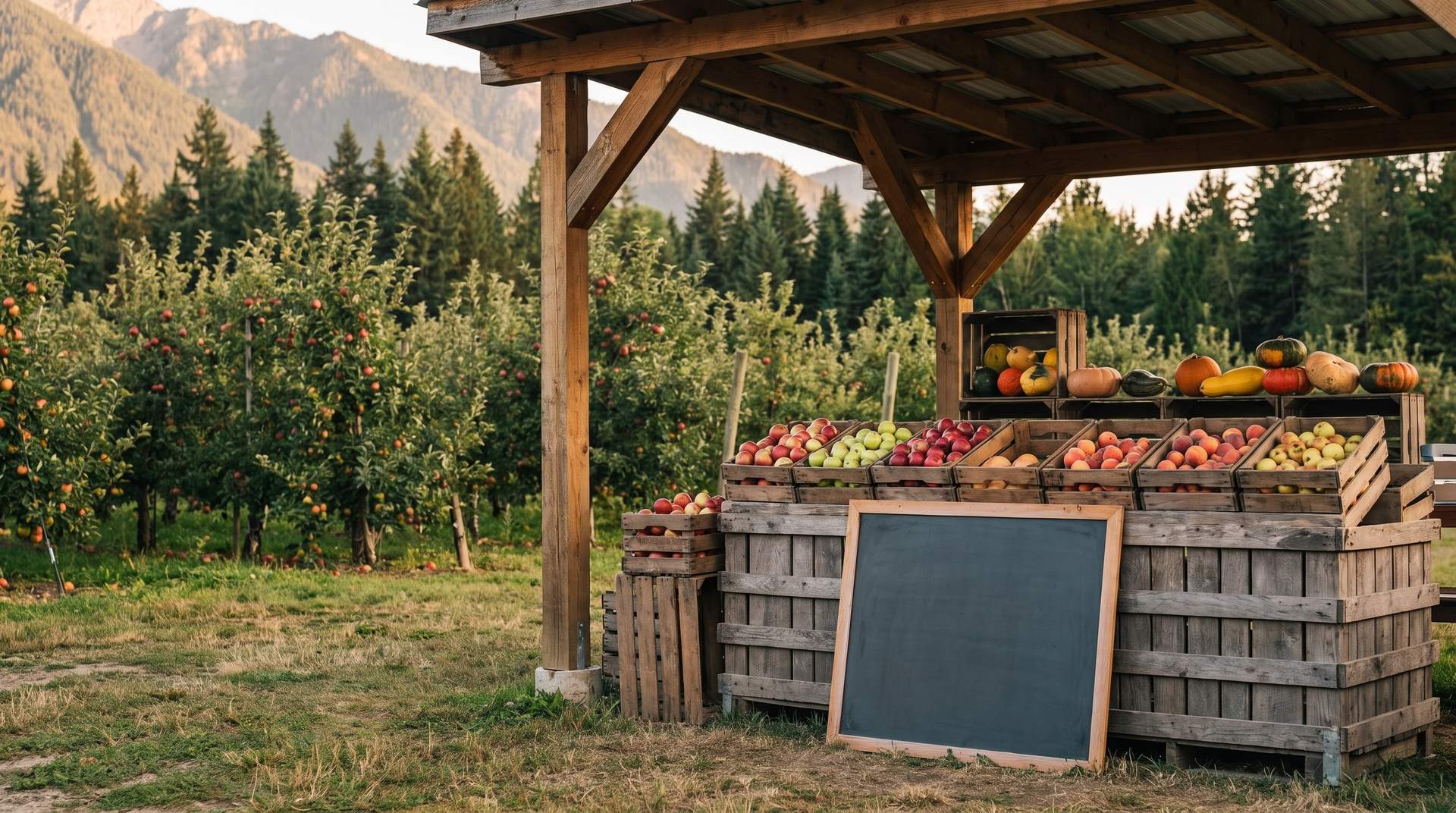 A roadside farm stand in late summer with crates of fruit and an orchard rising behind it