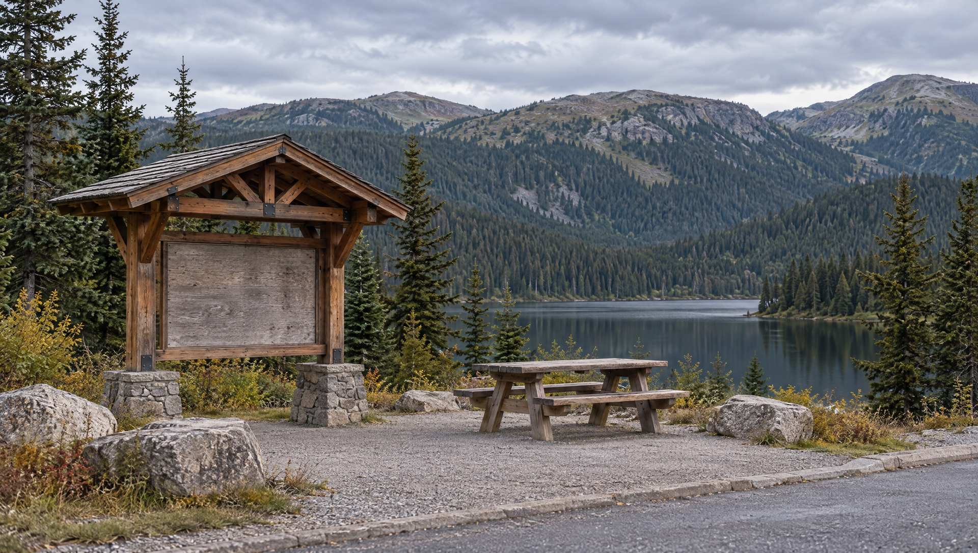A highway pull-off with a timber information kiosk and a picnic table beside a small mountain lake on a grey summer evening