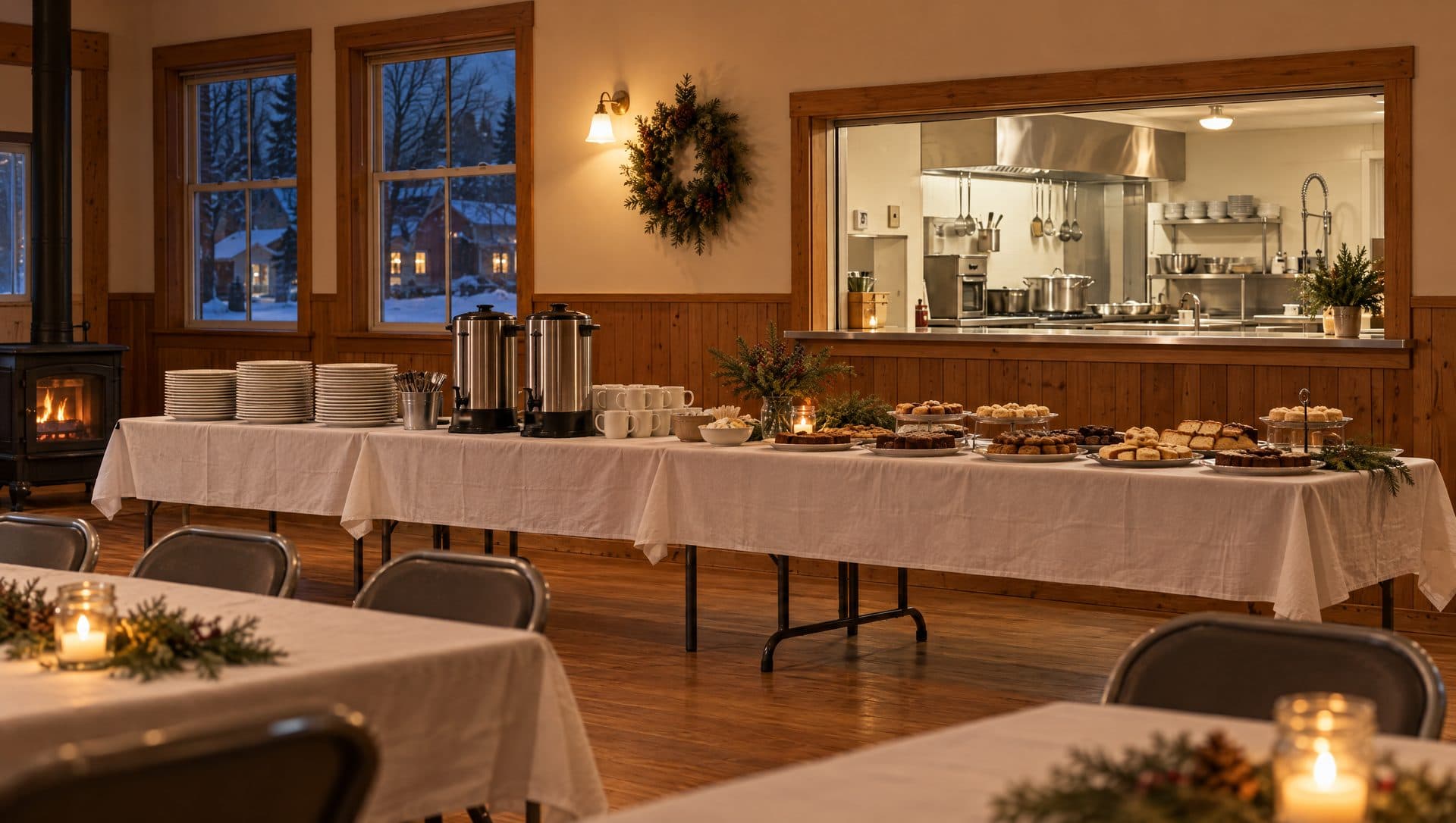 A community hall set for a winter fundraiser dinner, long tables of plates, coffee urns and home baking under warm lights