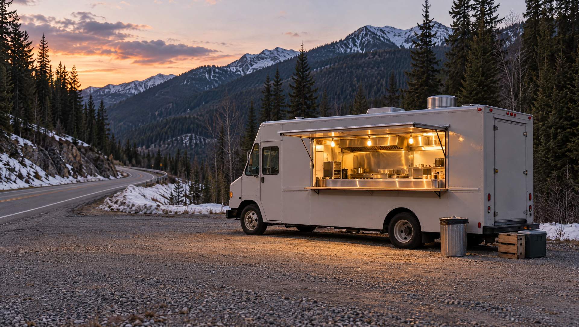 A food truck lit up and open in a gravel pull-out on a mountain highway at dusk, snow in the ditch