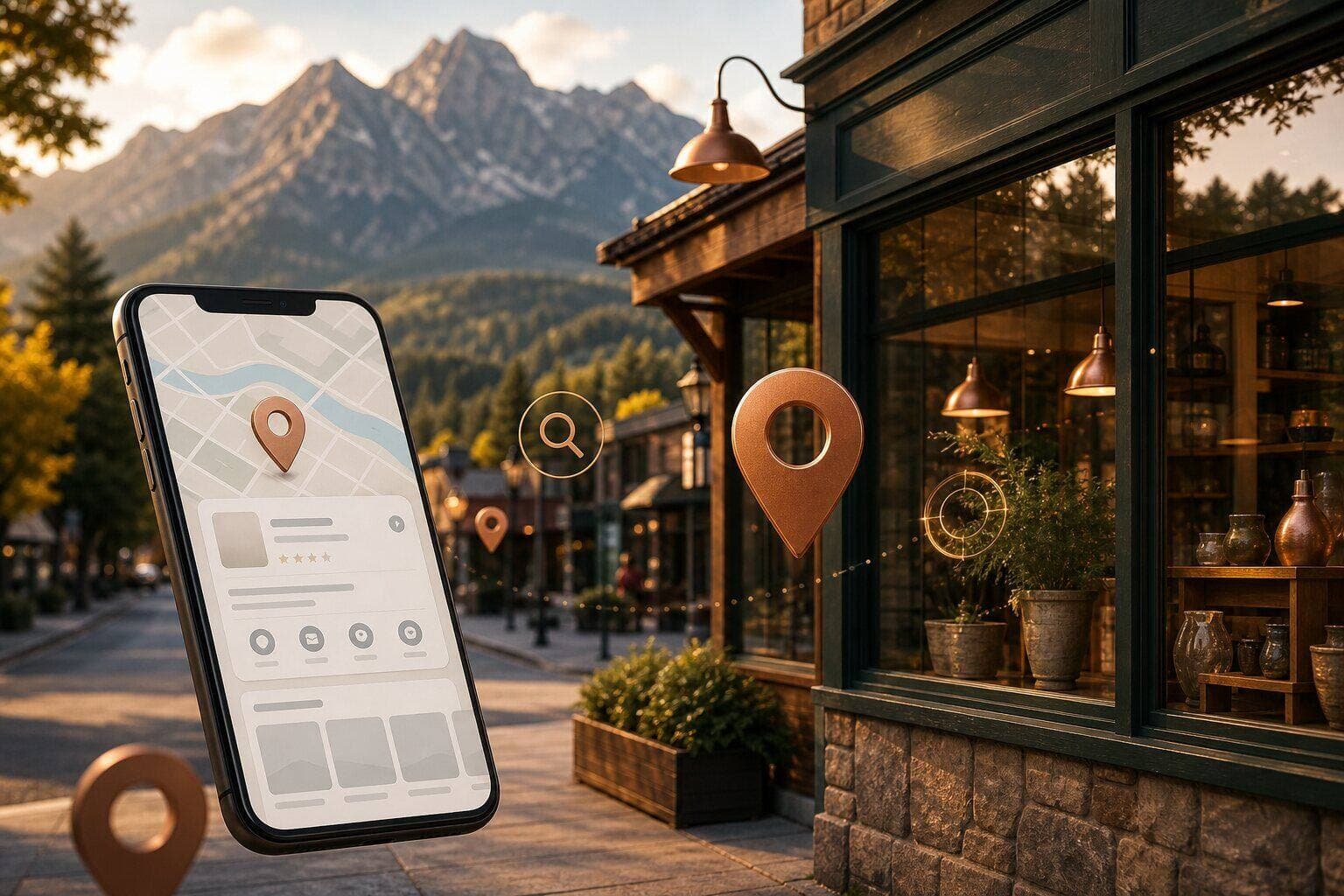 A Google Business Profile and map pack listing for a local Kootenay business shown on a phone, with multiple towns in the service area