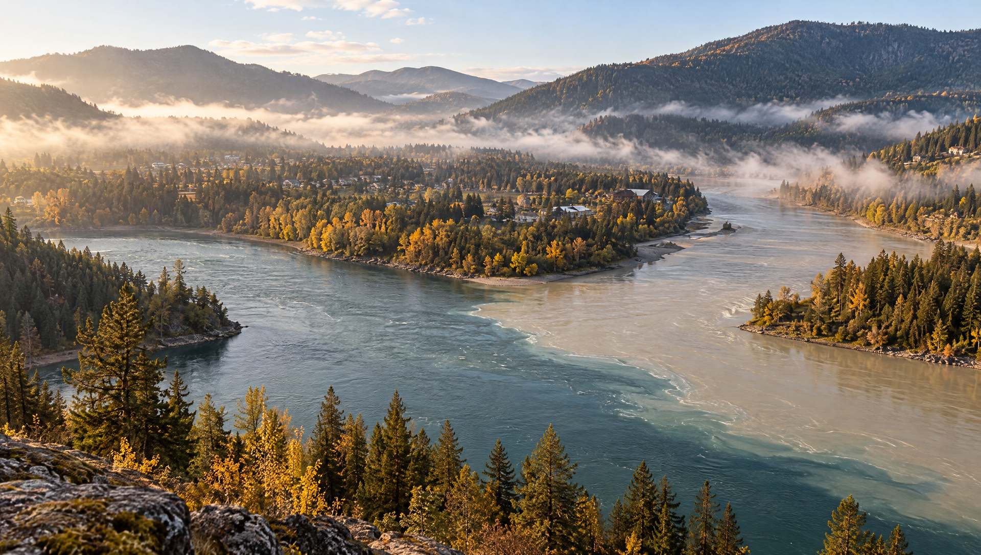 An aerial view of the Kootenay River joining the Columbia at Castlegar, two colours of water meeting as fog lifts