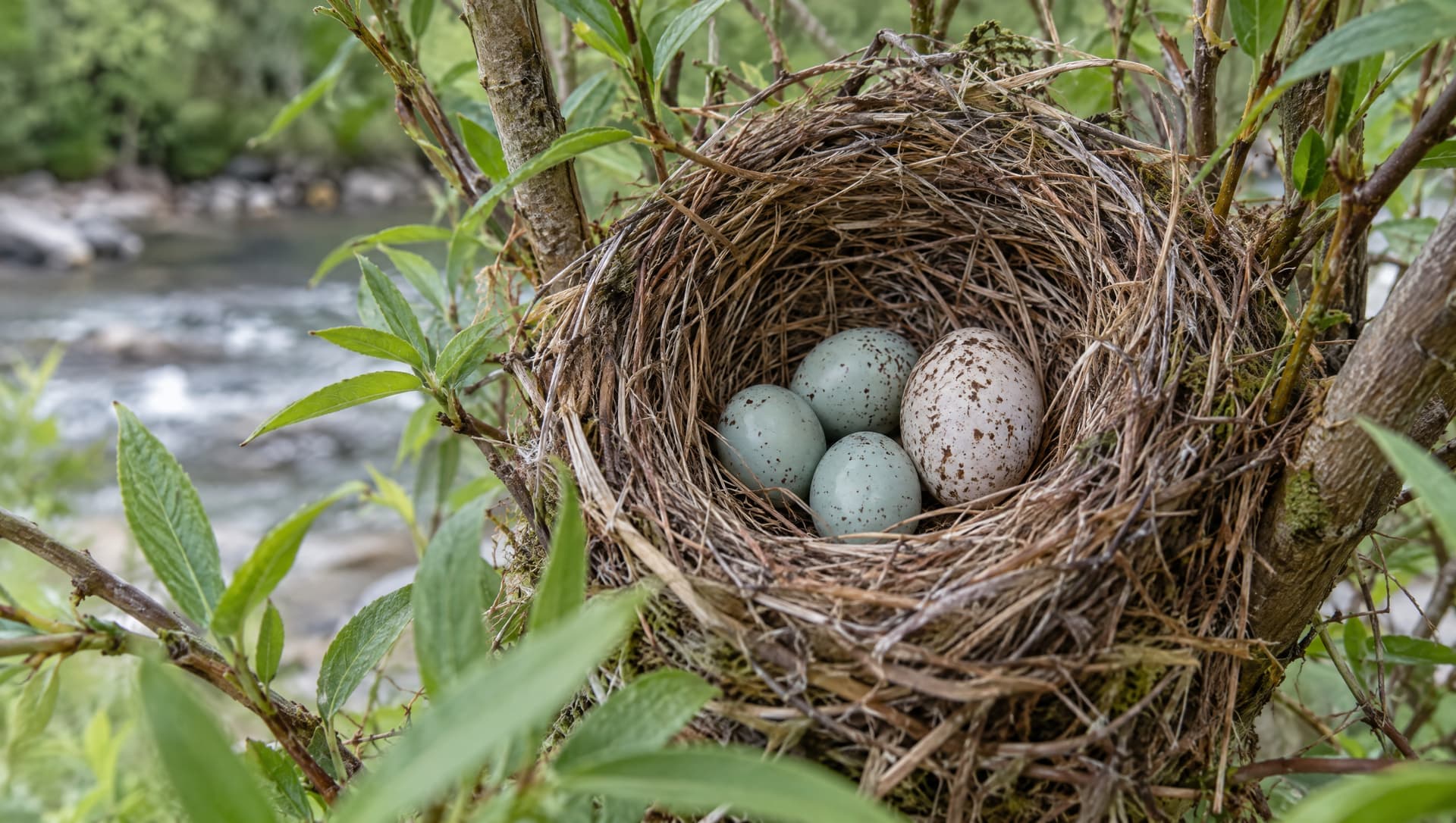 A small bird’s nest in a shrub holding four small speckled eggs and one larger egg that does not belong
