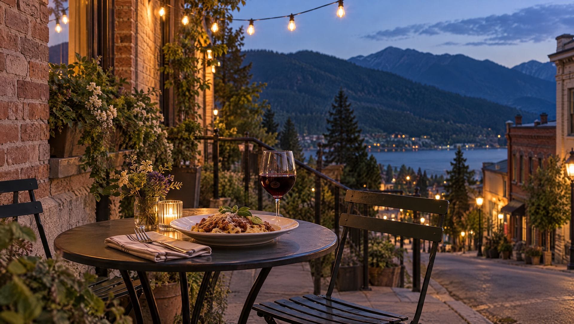 A patio table set with pasta and a glass of wine under string lights on a steep Nelson street at blue hour
