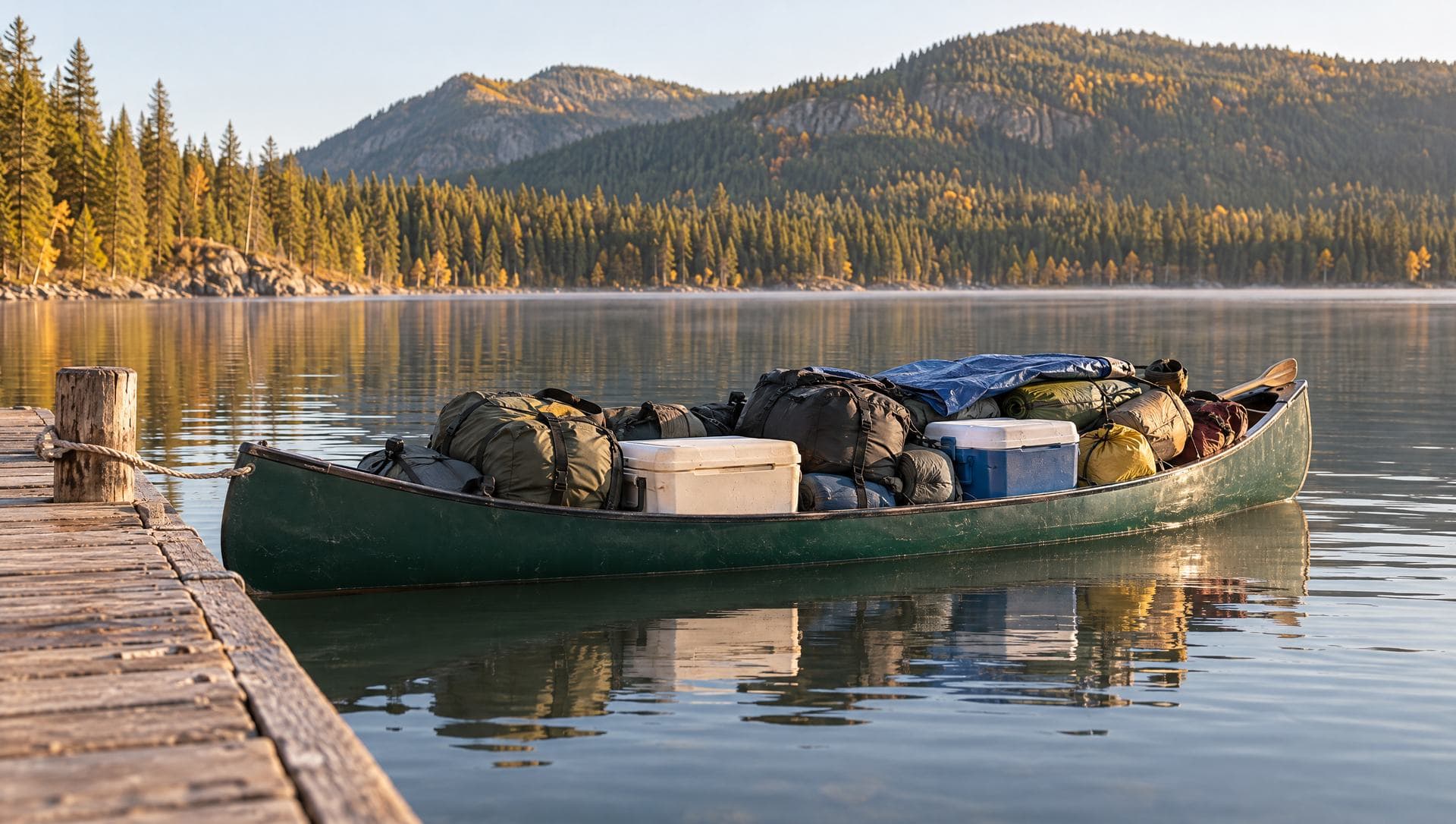 A canoe loaded with packs, coolers and a tarp, sitting low in the water beside a dock on a calm lake