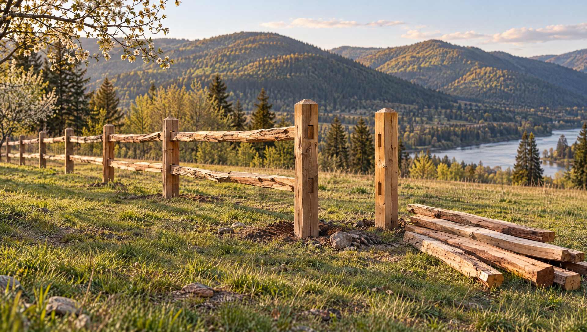A split-rail fence being built section by section across a field above the river, rails waiting on the grass