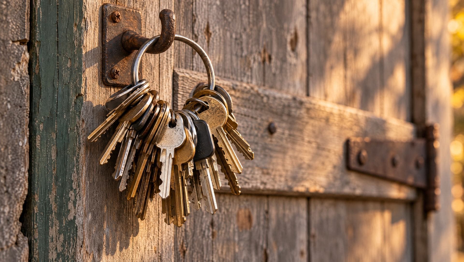 A heavy ring of old and new keys hanging on a hook beside a weathered workshop door