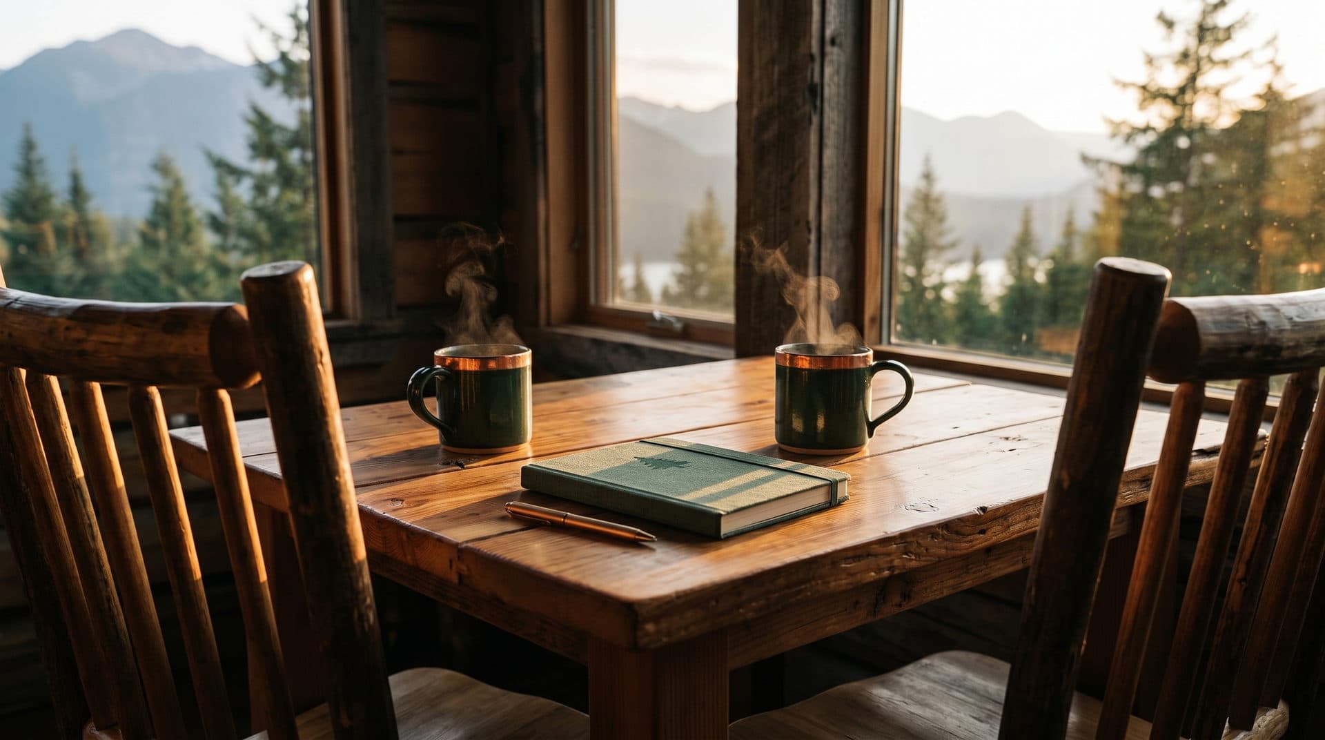 Two empty wooden chairs at a timber table by a cabin window with two steaming mugs and a closed notebook between them, Kootenay mountains outside