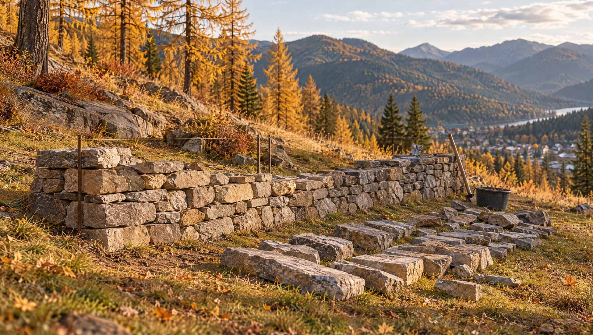 A dry-stone wall being built on a hillside in fall, the chosen stones laid out in order on the grass