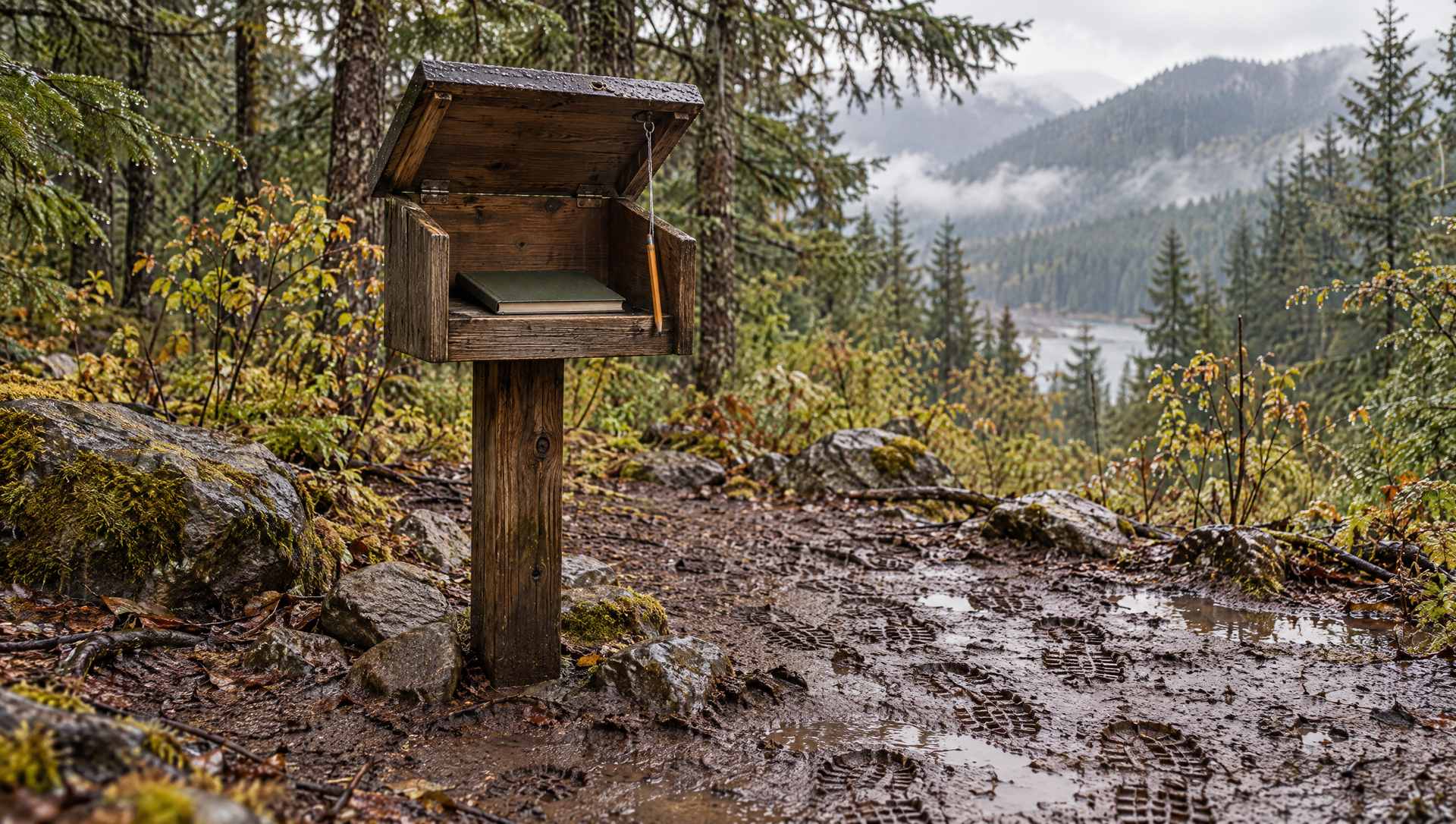 A trailhead register box with its lid open on a forest trail, many boot prints in the mud around it