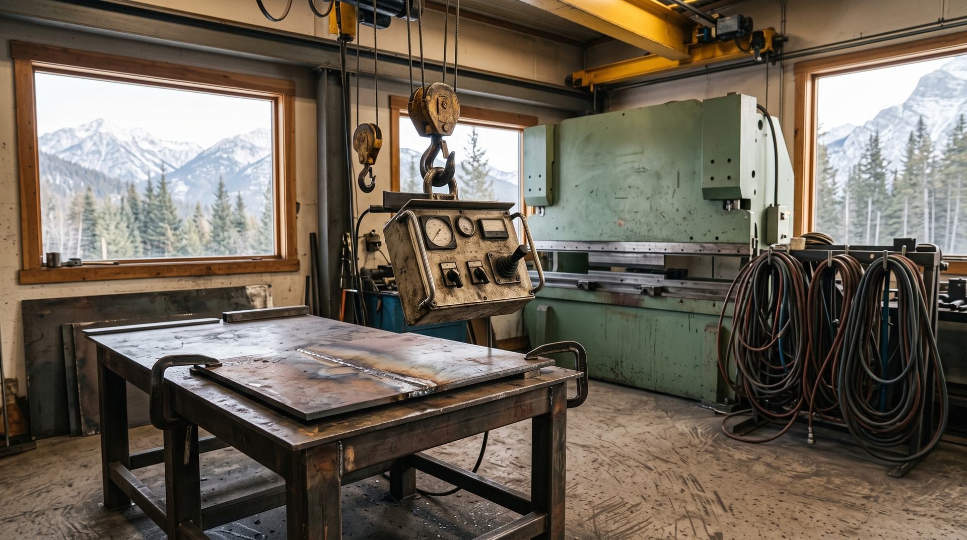 A fabrication shop floor with a steel plate on the table and a gantry crane overhead