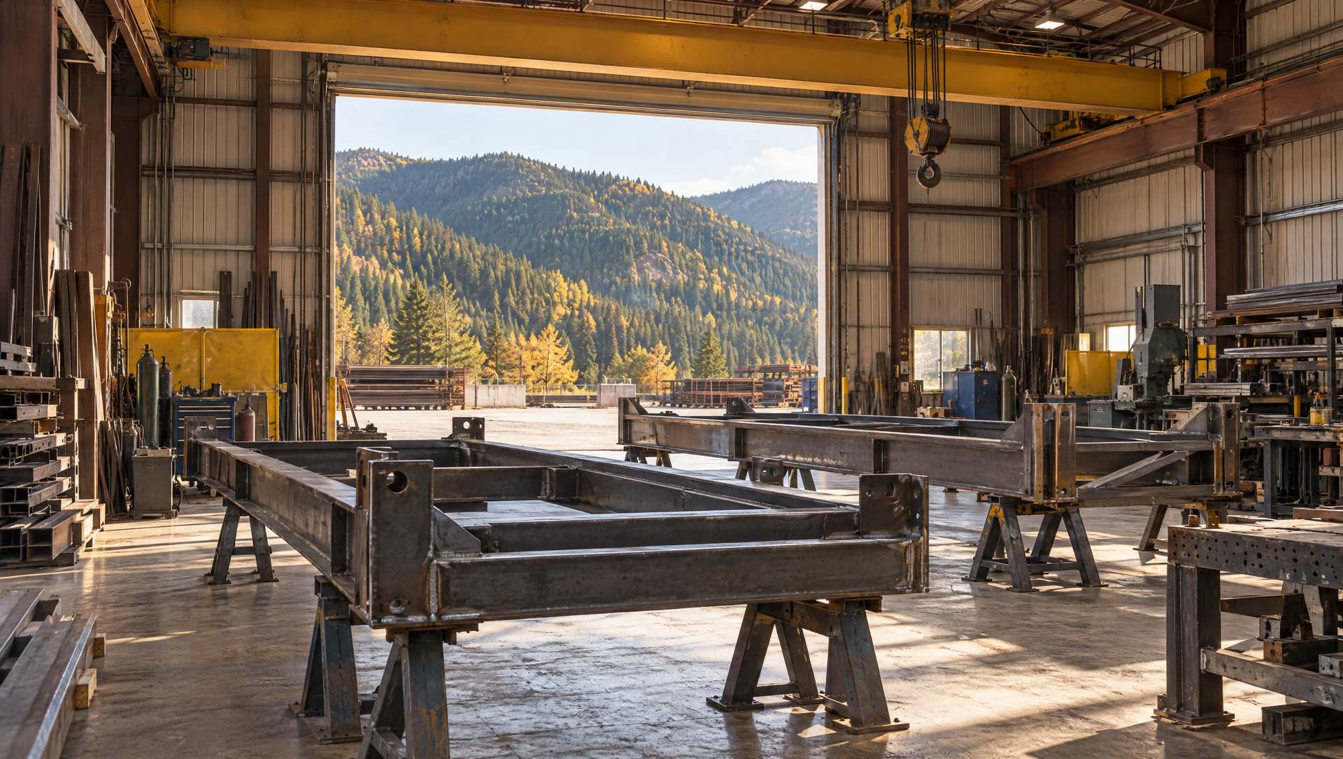 A steel fabrication shop floor with welded frames on stands and a gantry crane, the bay door open to forested ridges
