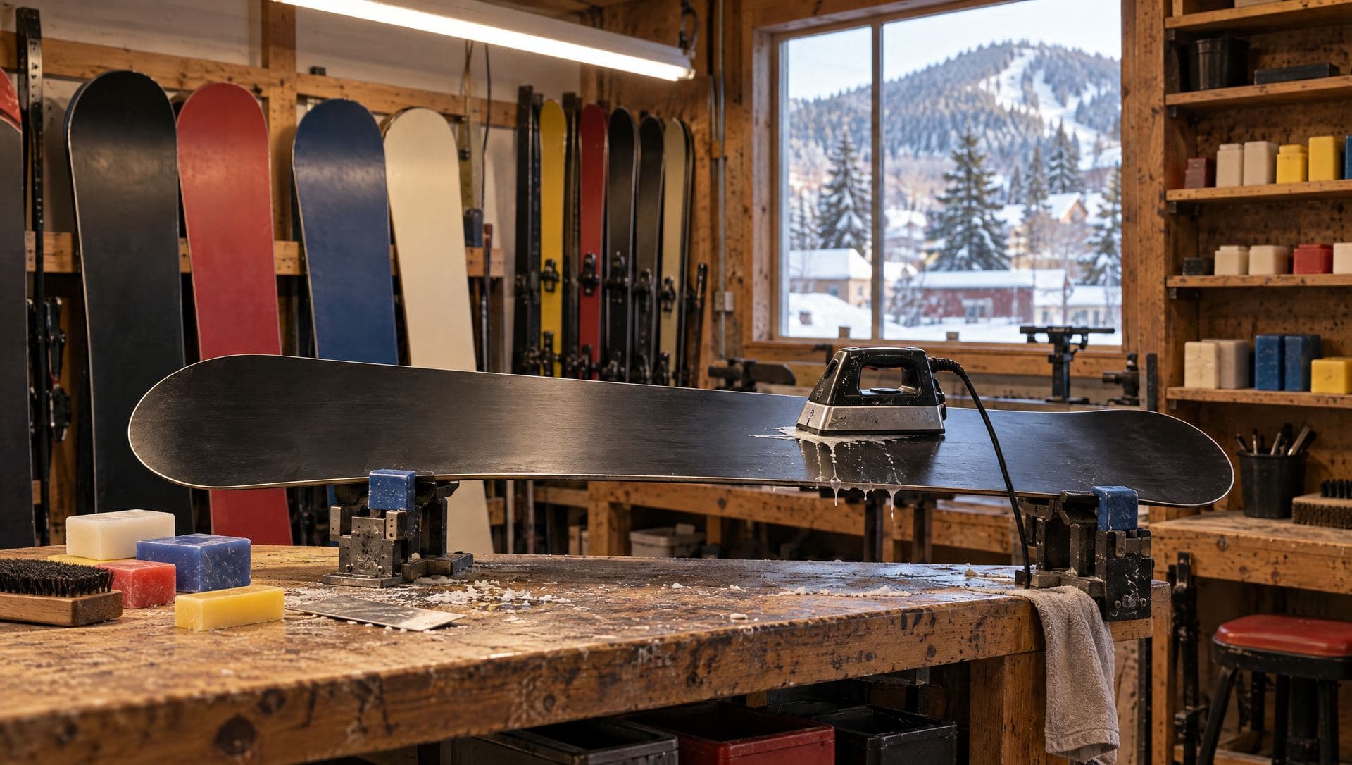 A snowboard clamped on a tuning bench with a waxing iron and wax blocks, boards racked behind
